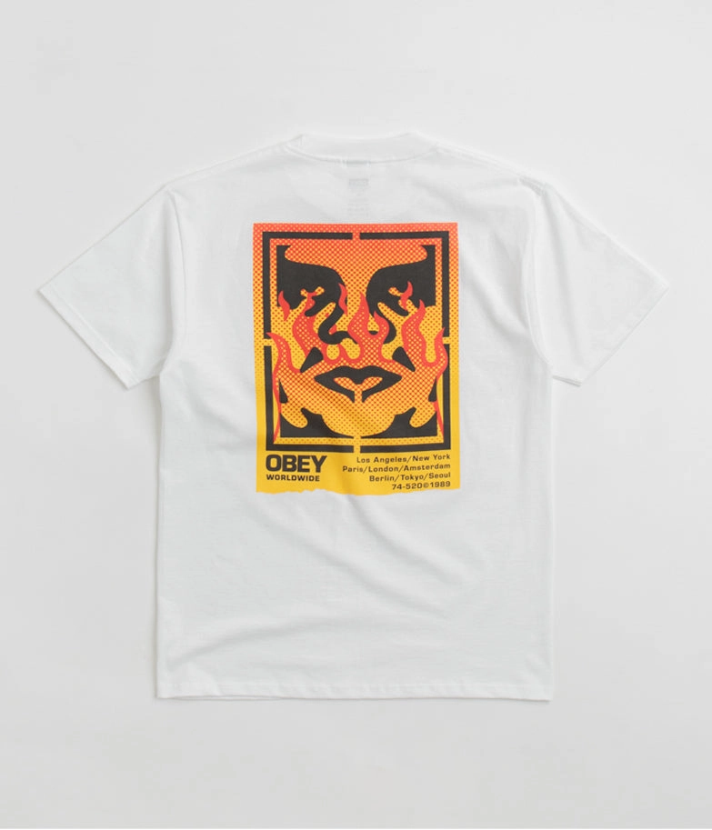 Reinforced Shoulder Seams Cool Layer Wear Obey Icon Stencil Flame T-Shirt - White