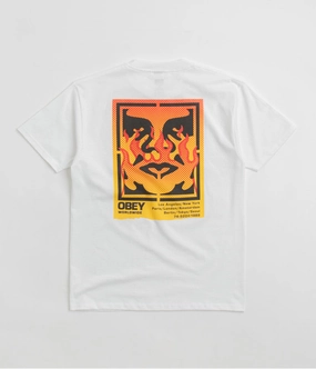 Reinforced Shoulder Seams Cool Layer Wear Obey Icon Stencil Flame T-Shirt - White