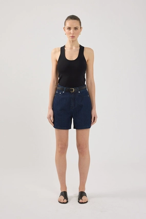 Perfect Stranger High Rise Denim Short Indigo Denim No Chafe Temperature Regulating Blend