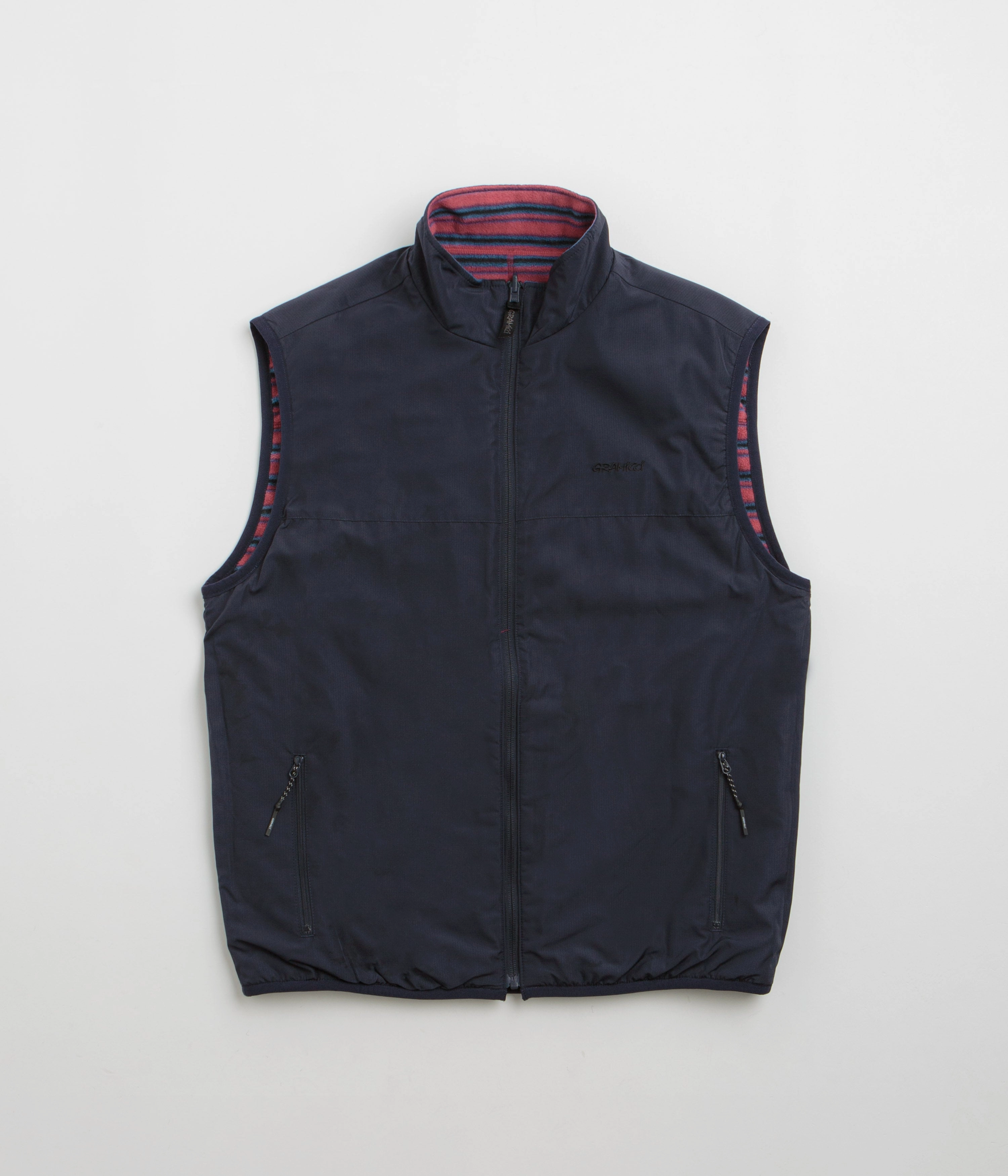 Modern Drop Tail Hem City Wear Gramicci Thermal Fleece Reversible Vest - Berry Stripe