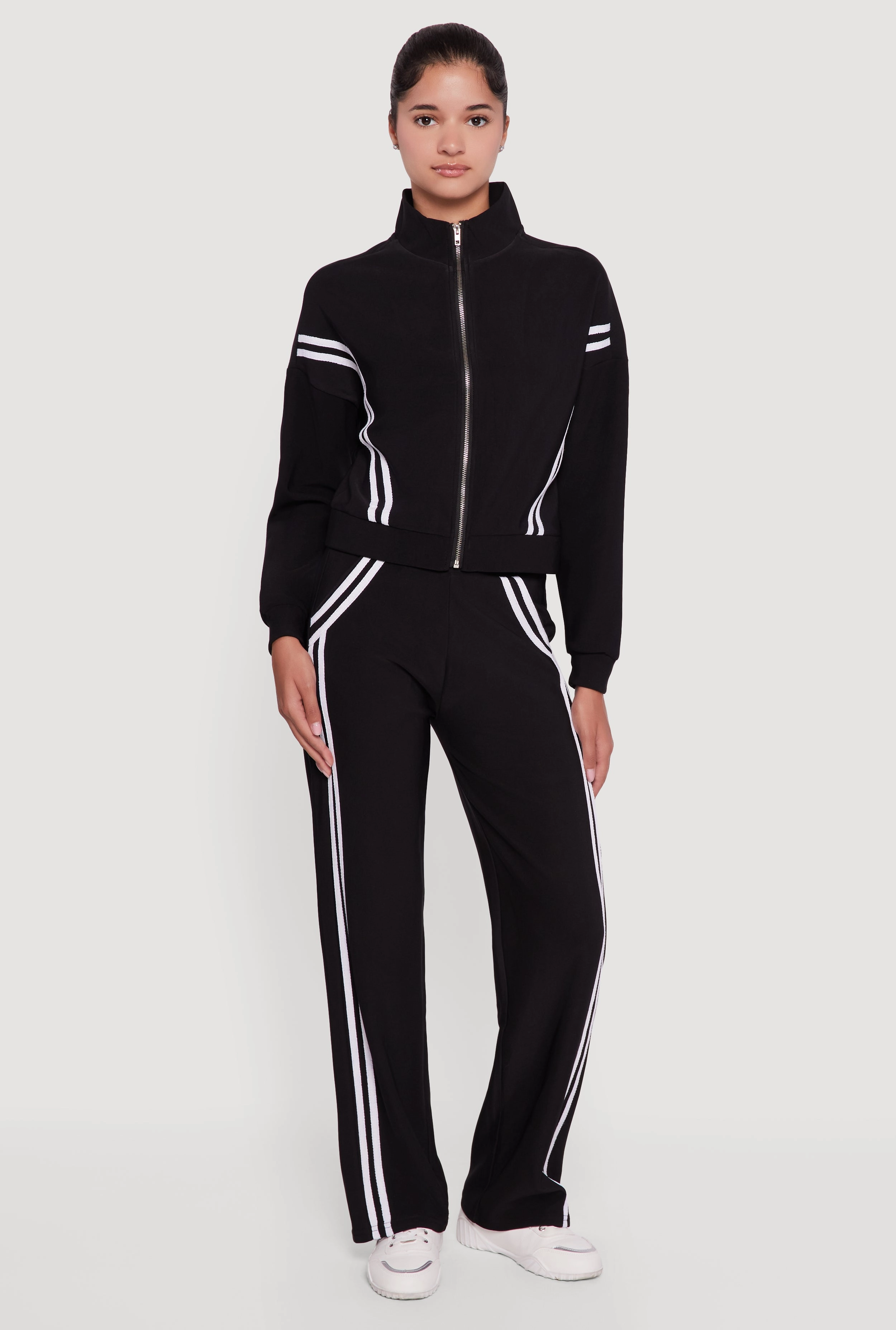 Long Sleeve Mock Neck Varsity Stripe Detail Track Jacket Adjustable Cuff City Ready