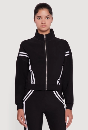 Long Sleeve Mock Neck Varsity Stripe Detail Track Jacket Ergonomic Sleeve Shaping Mild Weather Layer