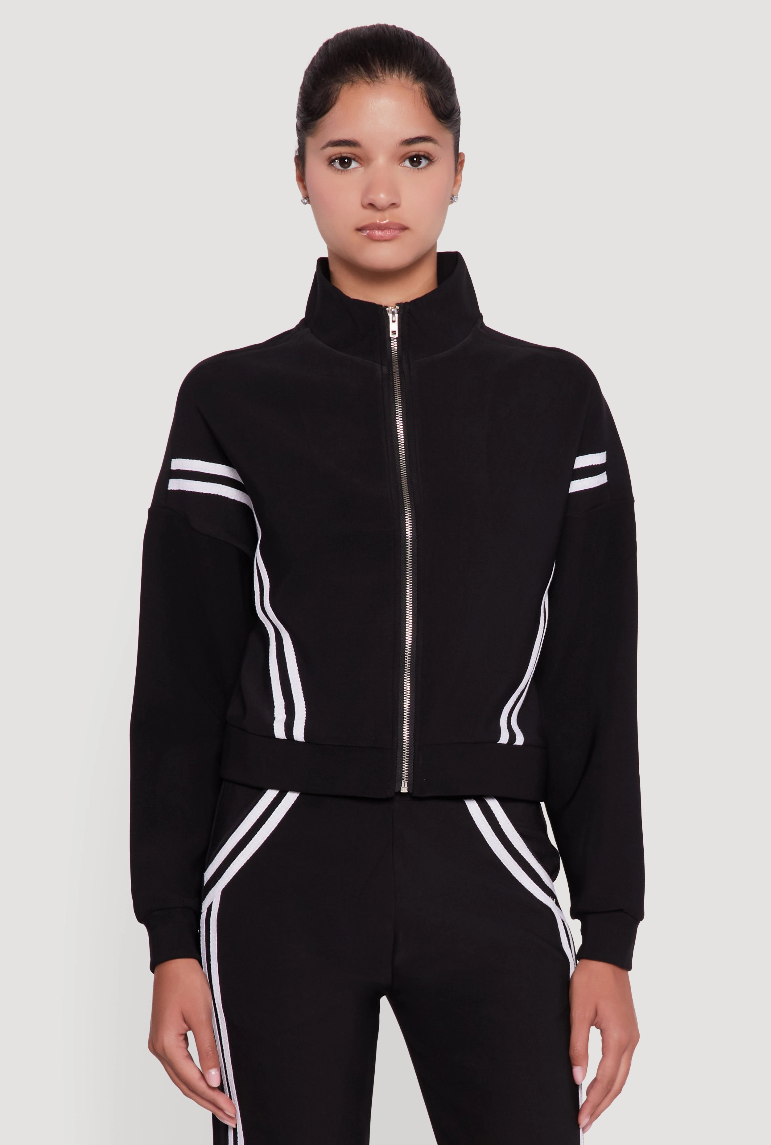 Long Sleeve Mock Neck Varsity Stripe Detail Track Jacket Ergonomic Sleeve Shaping Mild Weather Layer