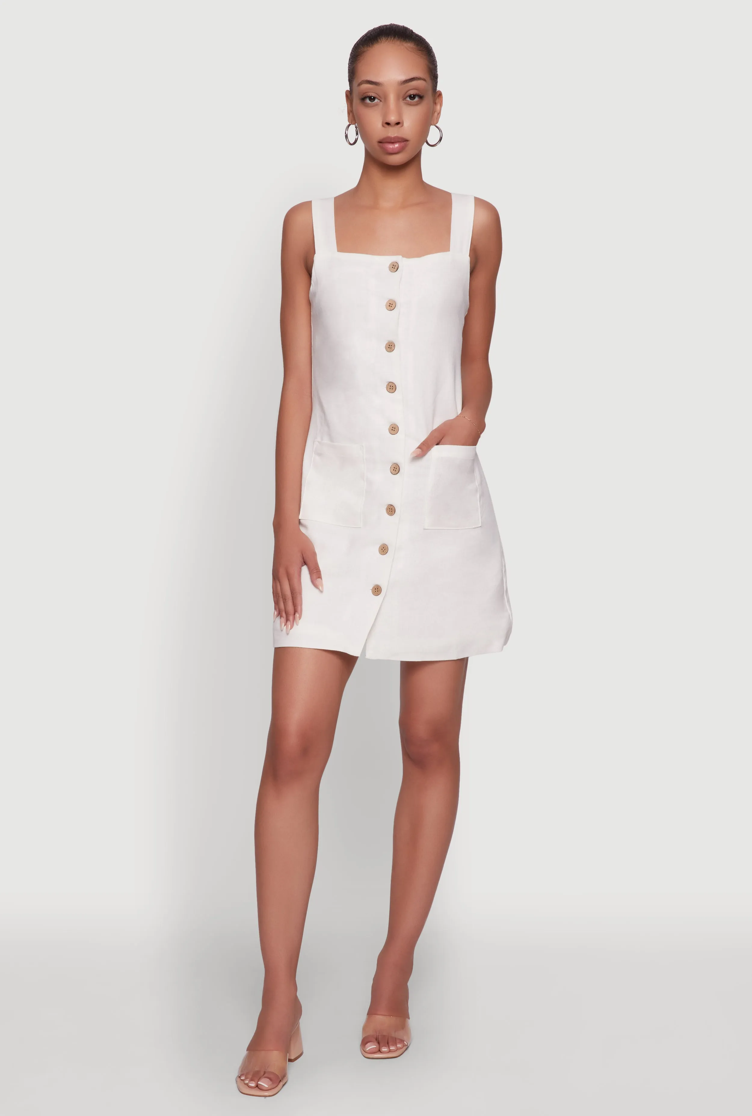 Stylish Line Everyday Layers Trendy Linen Button Front Square Neck Dress