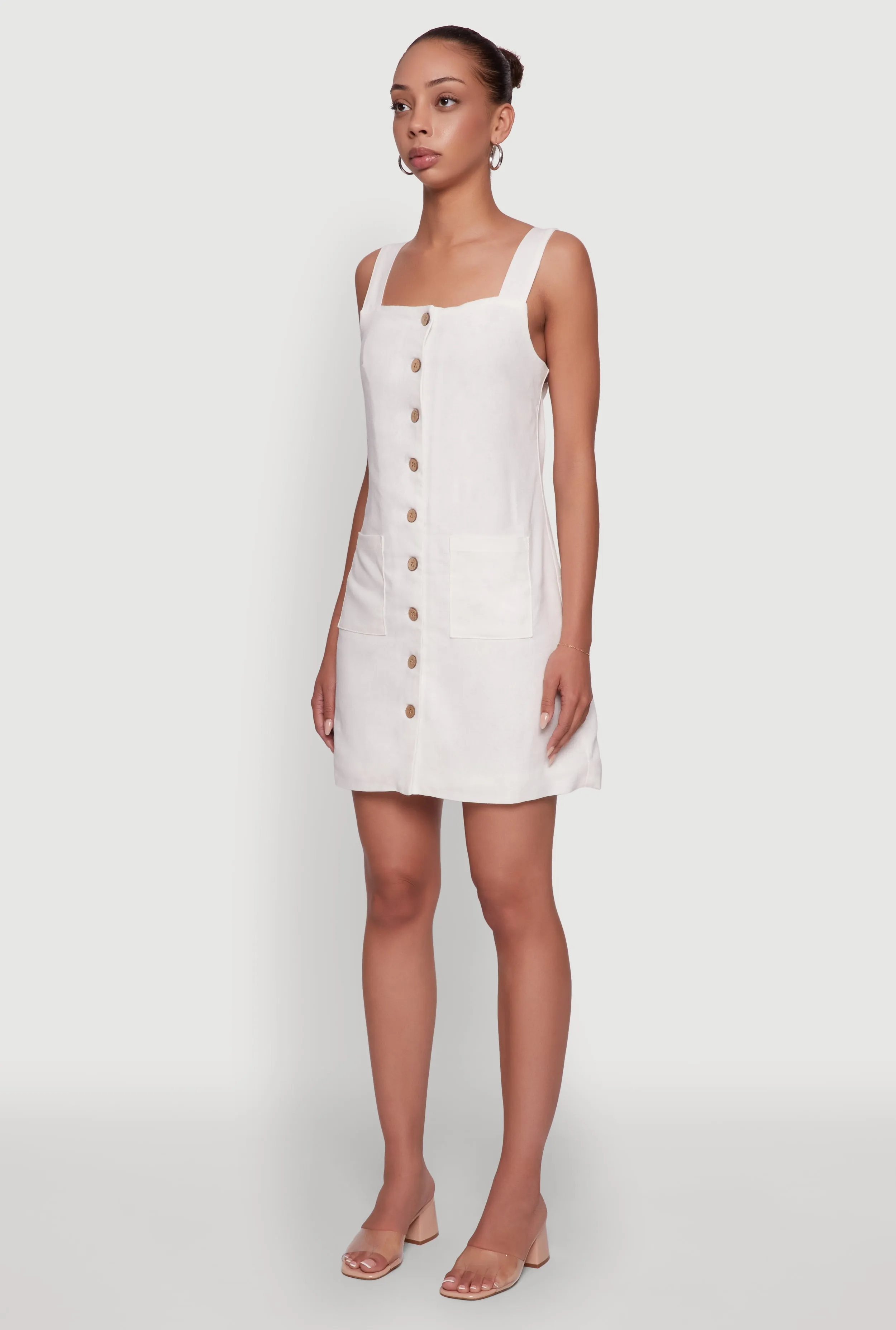 Dinner Outfit Trendy Linen Button Front Square Neck Dress