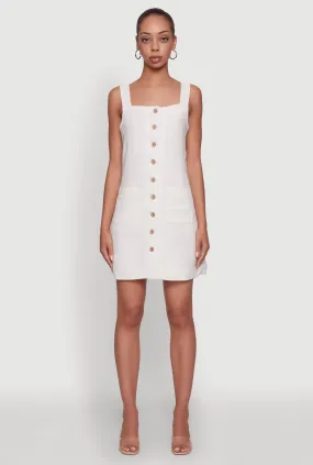 Trendy Linen Button Front Square Neck Dress Button Accent Smart Outfit