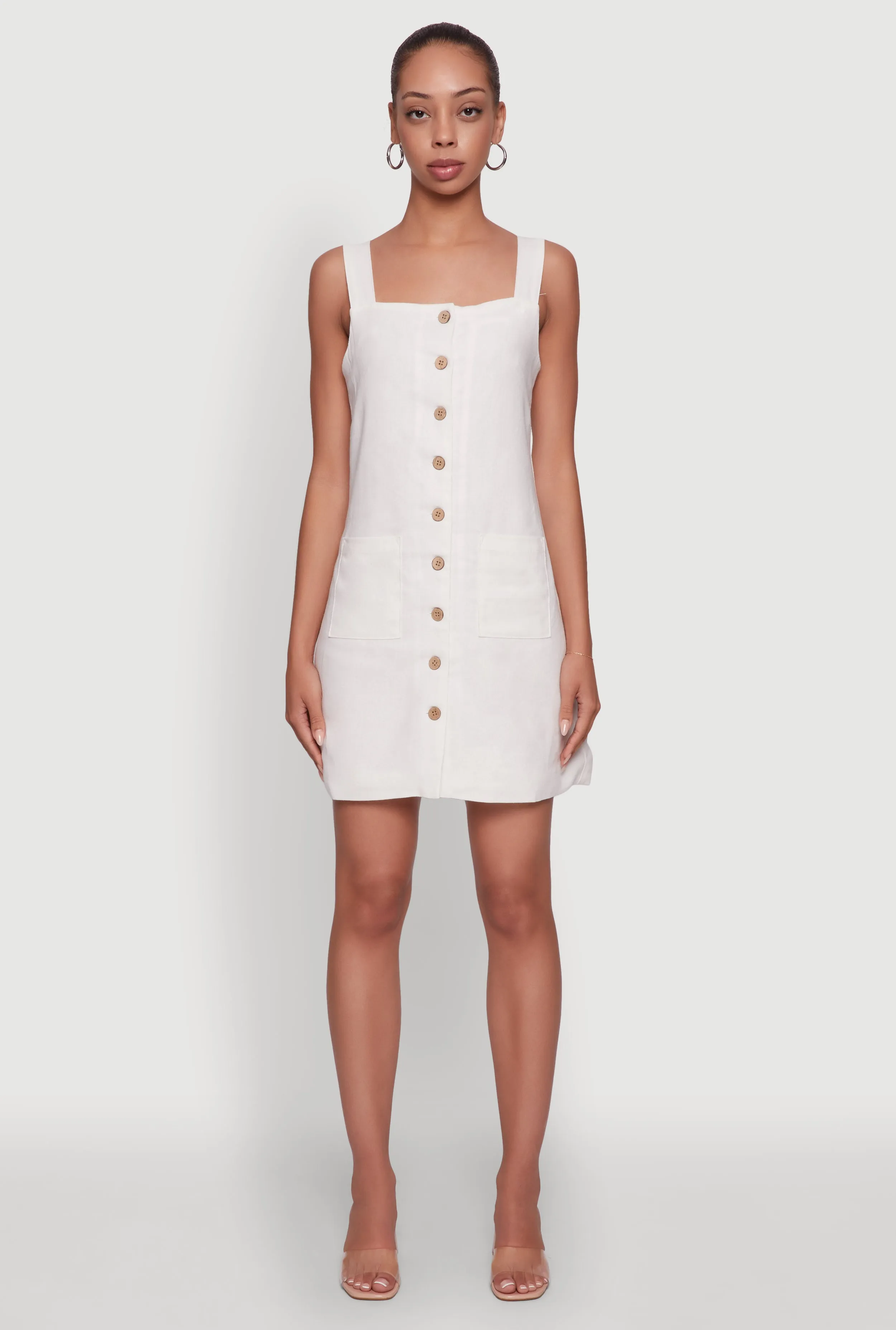 Trendy Linen Button Front Square Neck Dress Button Accent Smart Outfit
