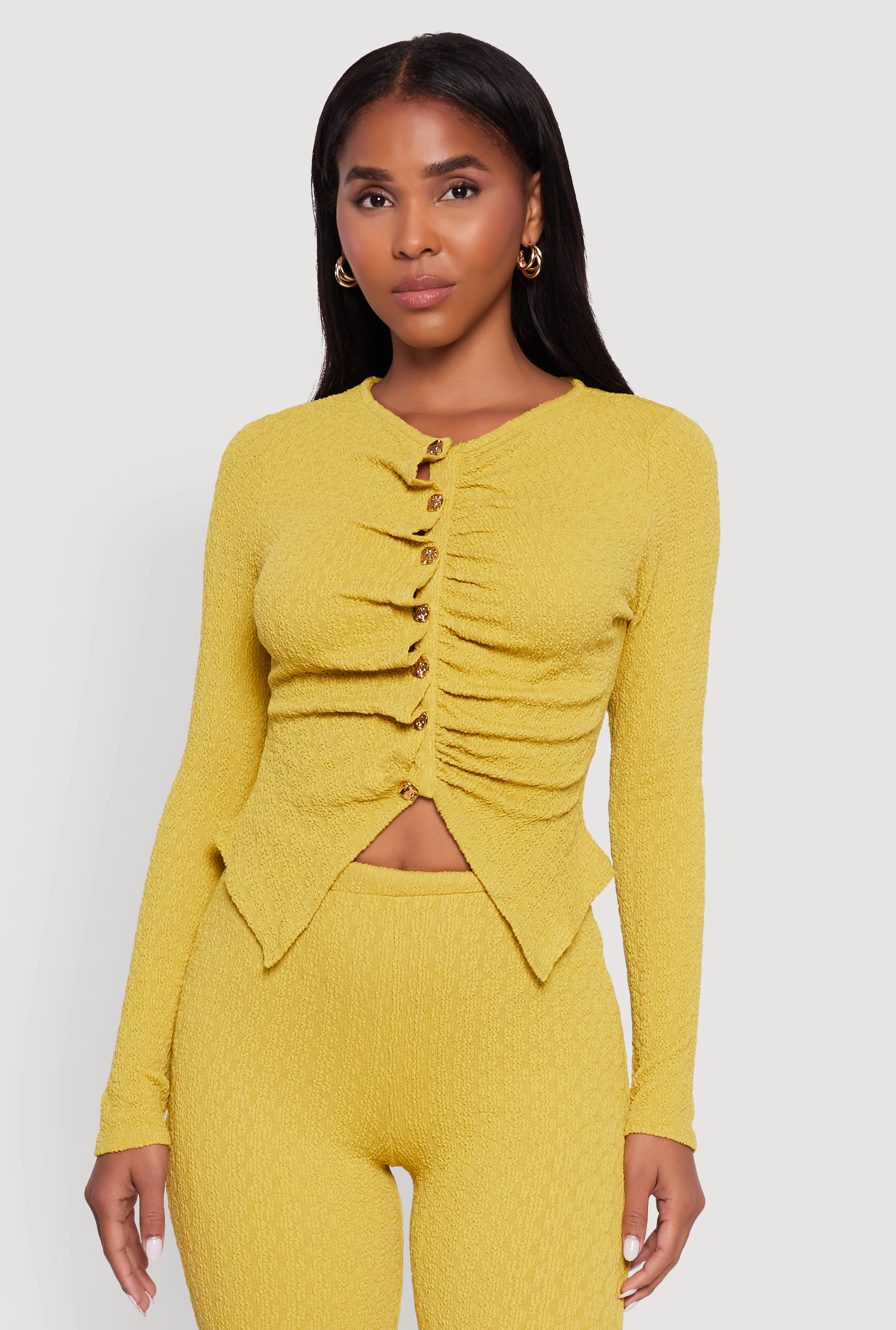 Textured Knit Metallic Button Front Ruched Crop Top Pet related Soft Touch Ribbing