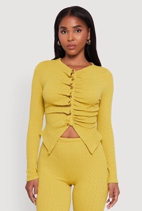 Frame Geometric Shape Textured Knit Metallic Button Front Ruched Crop Top