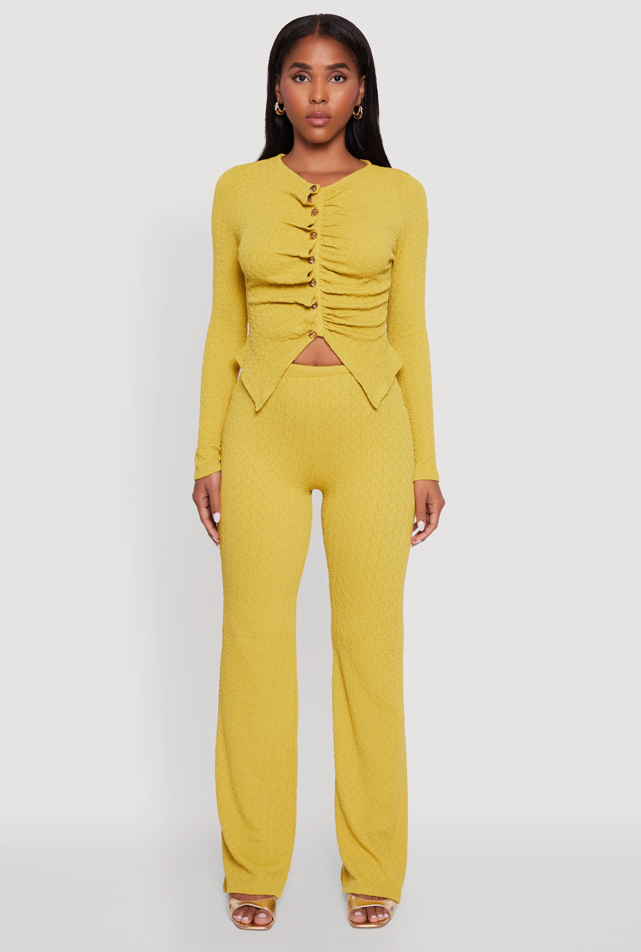 Textured Knit Metallic Button Front Ruched Crop Top Soup Gloved