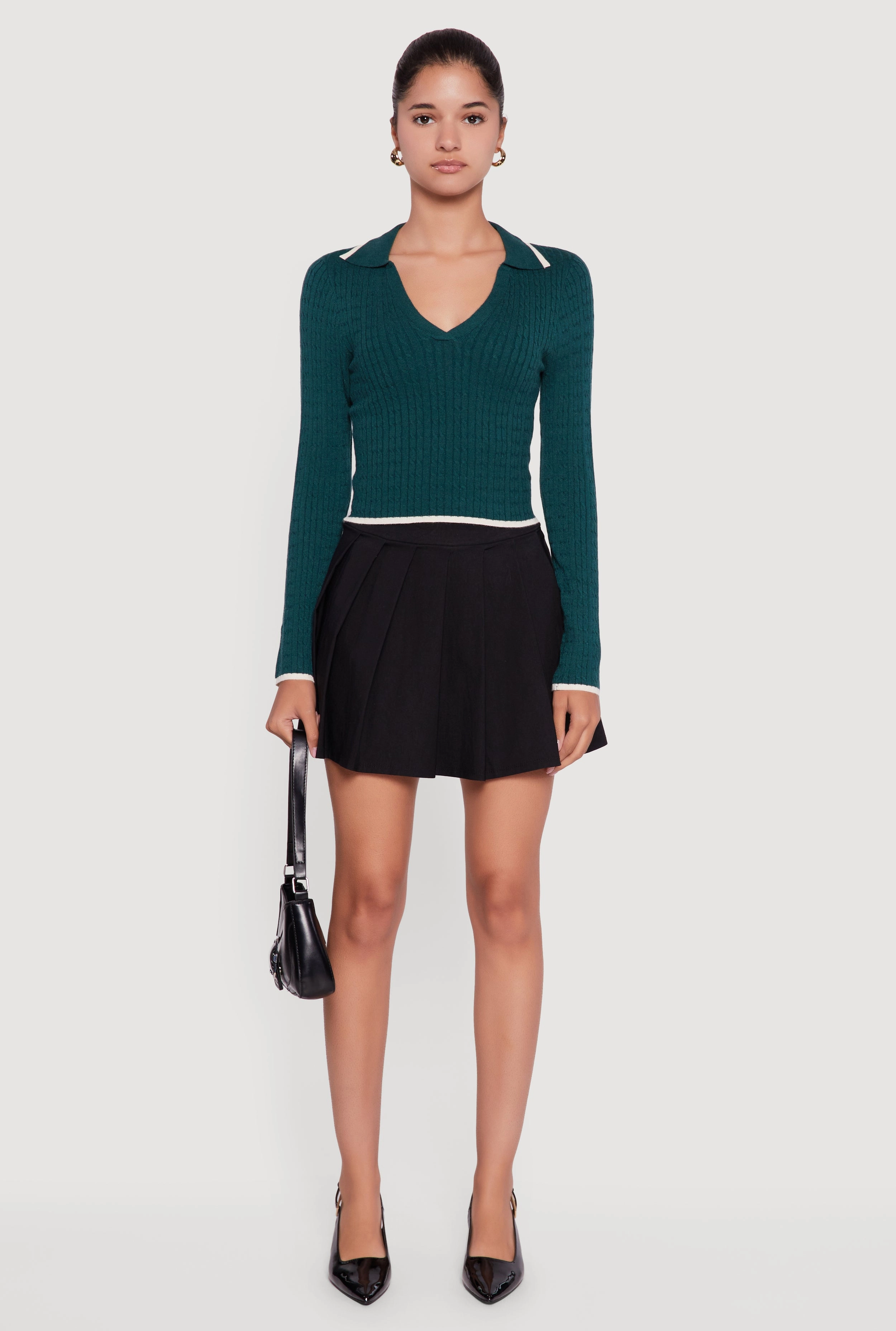 Contrast Trim Cable Knit Cropped Johnny Collar Sweater Casual Comfort Layer Thermal Lining