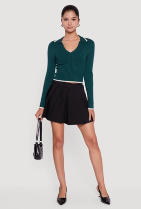 Comfy Layers Recycled Material Blend Contrast Trim Cable Knit Cropped Johnny Collar Sweater