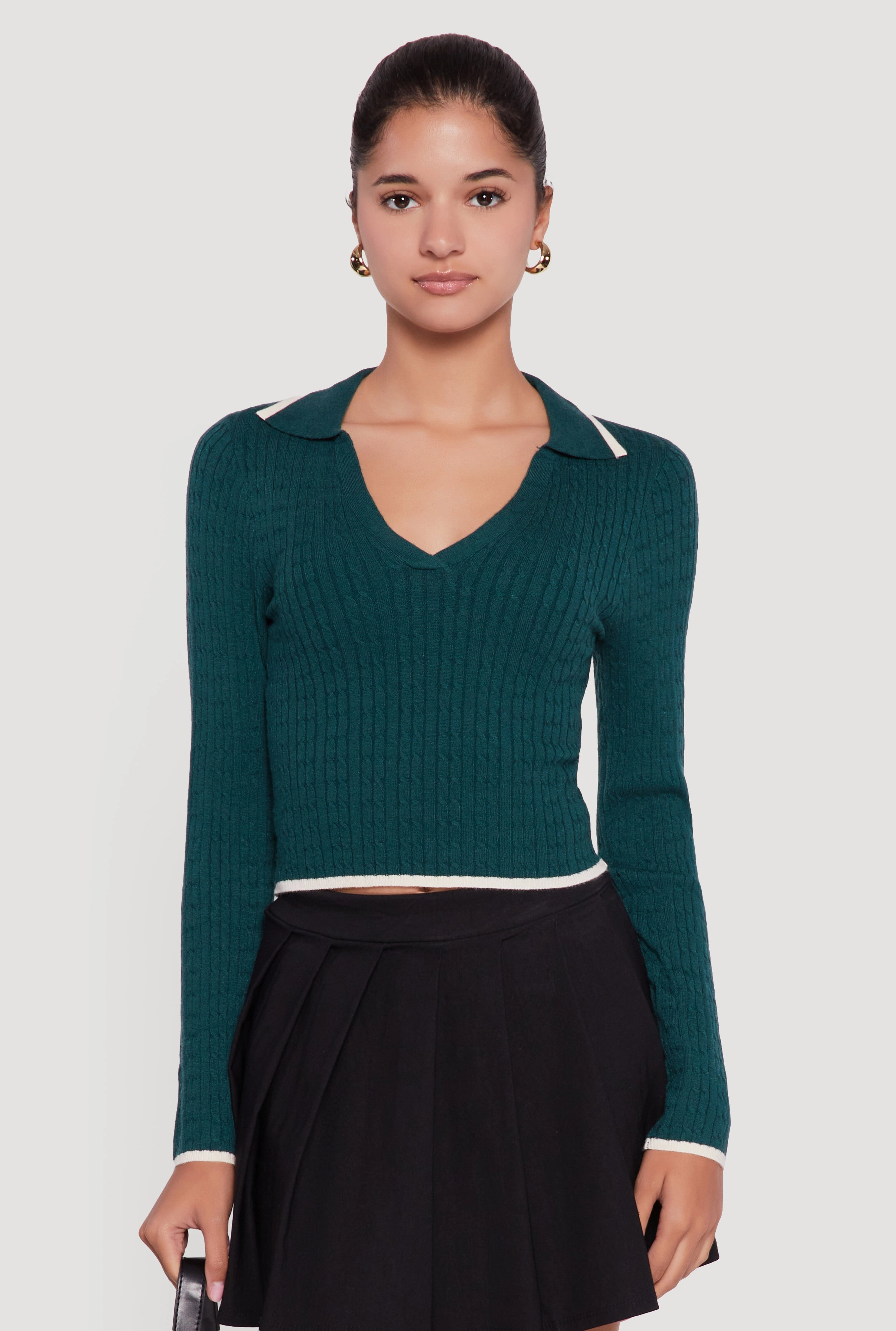 Modern Touch Contrast Trim Cable Knit Cropped Johnny Collar Sweater