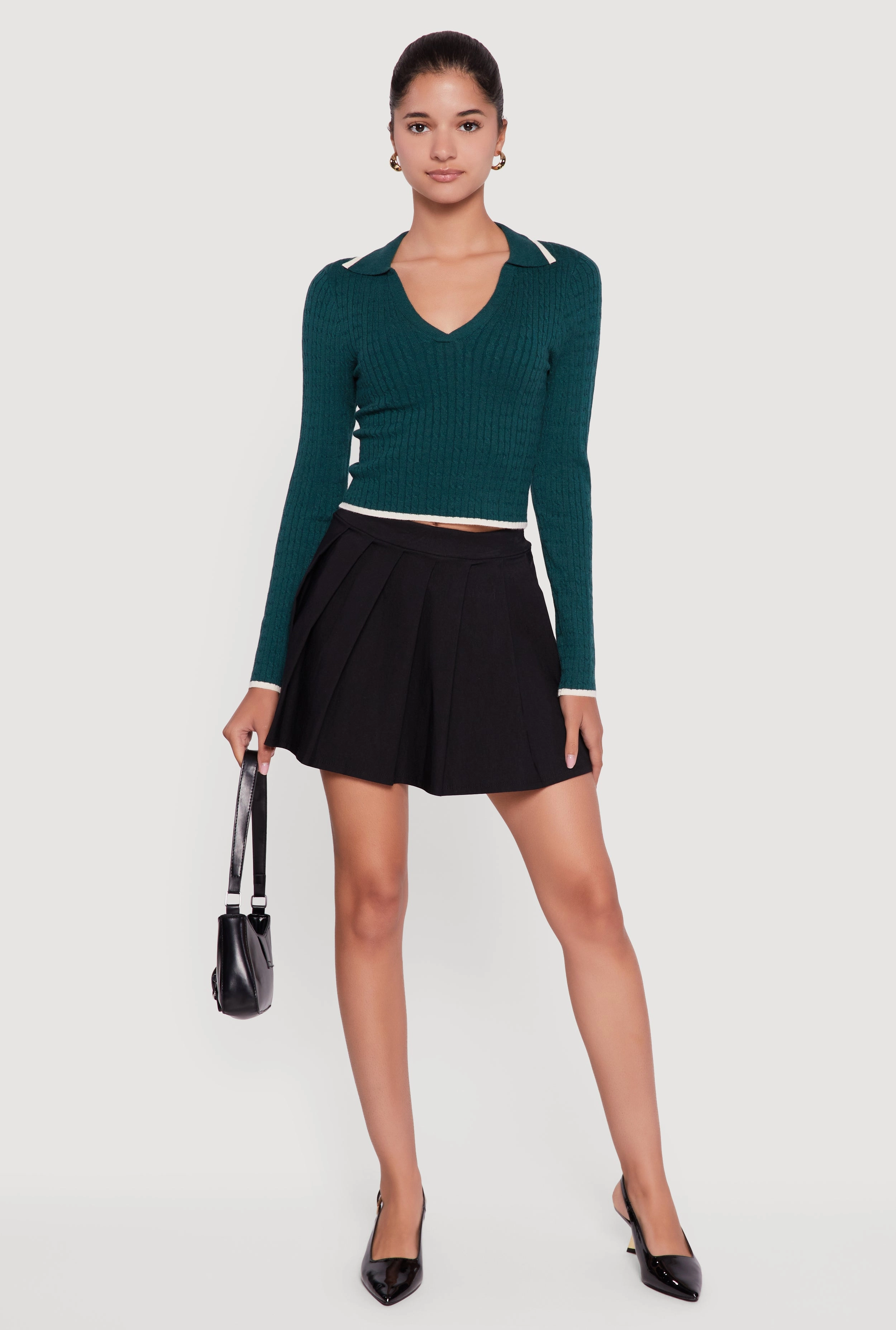 Formal Wear Contrast Trim Cable Knit Cropped Johnny Collar Sweater