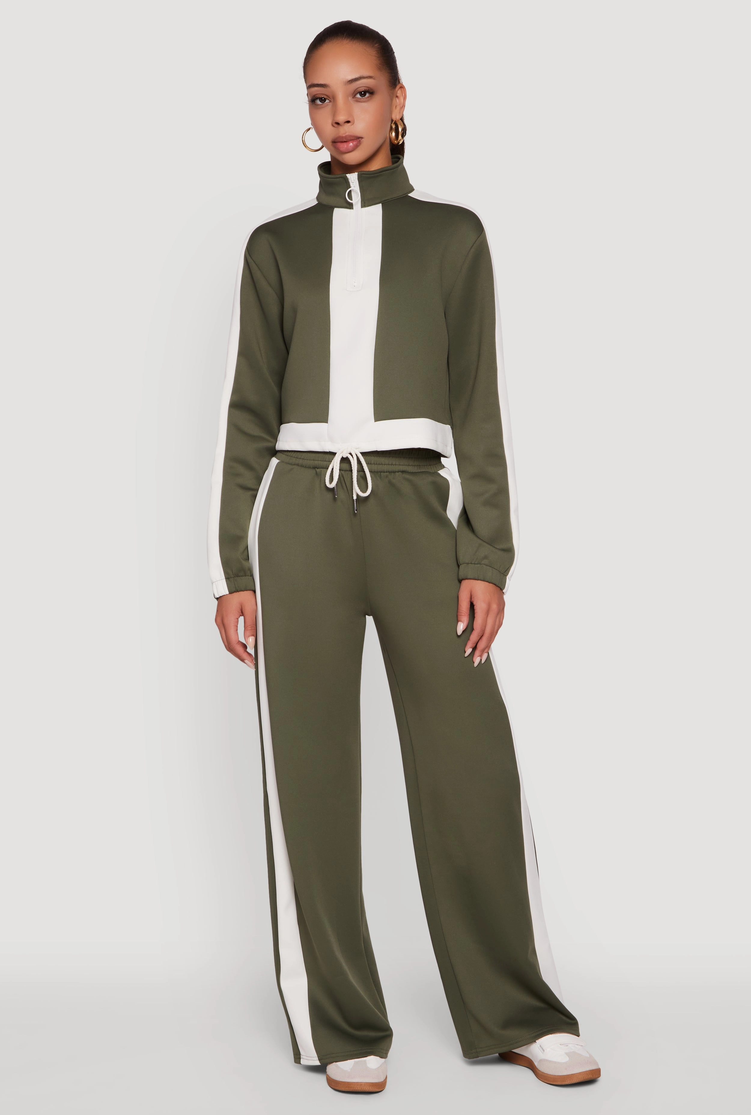 Contrast Trim Half Zip Drawstring Hem Pullover Top Leather Snapped