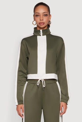 Celebrity Contrast Trim Half Zip Drawstring Hem Pullover Top