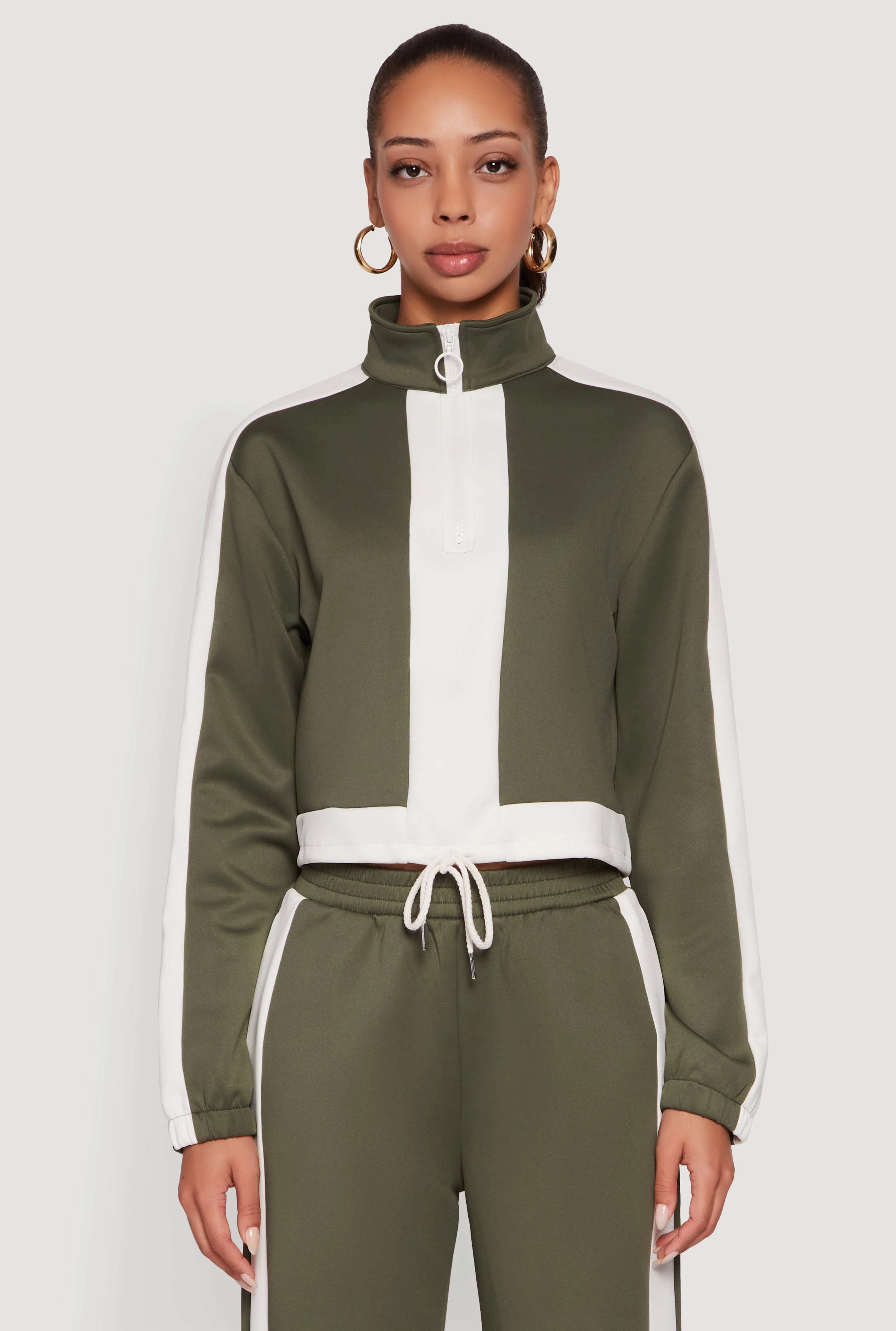 Celebrity Contrast Trim Half Zip Drawstring Hem Pullover Top