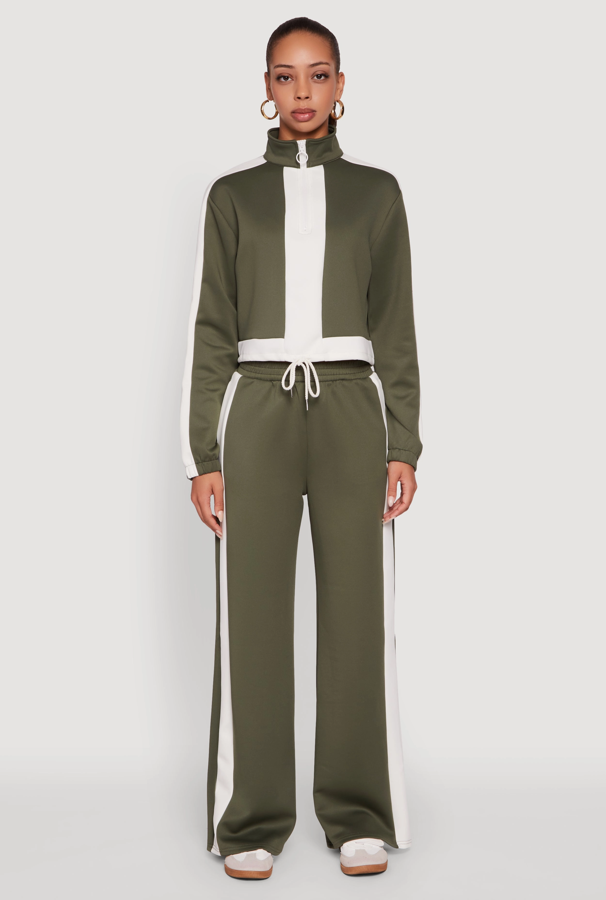 heeled Customizable Contrast Trim Half Zip Drawstring Hem Pullover Top