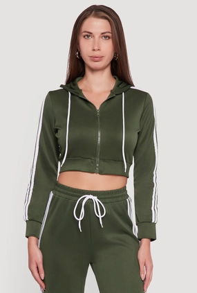 Contrast Trim Hooded Zip Front Cropped Jacket Recycled Material Blend NonRestrictiveCut