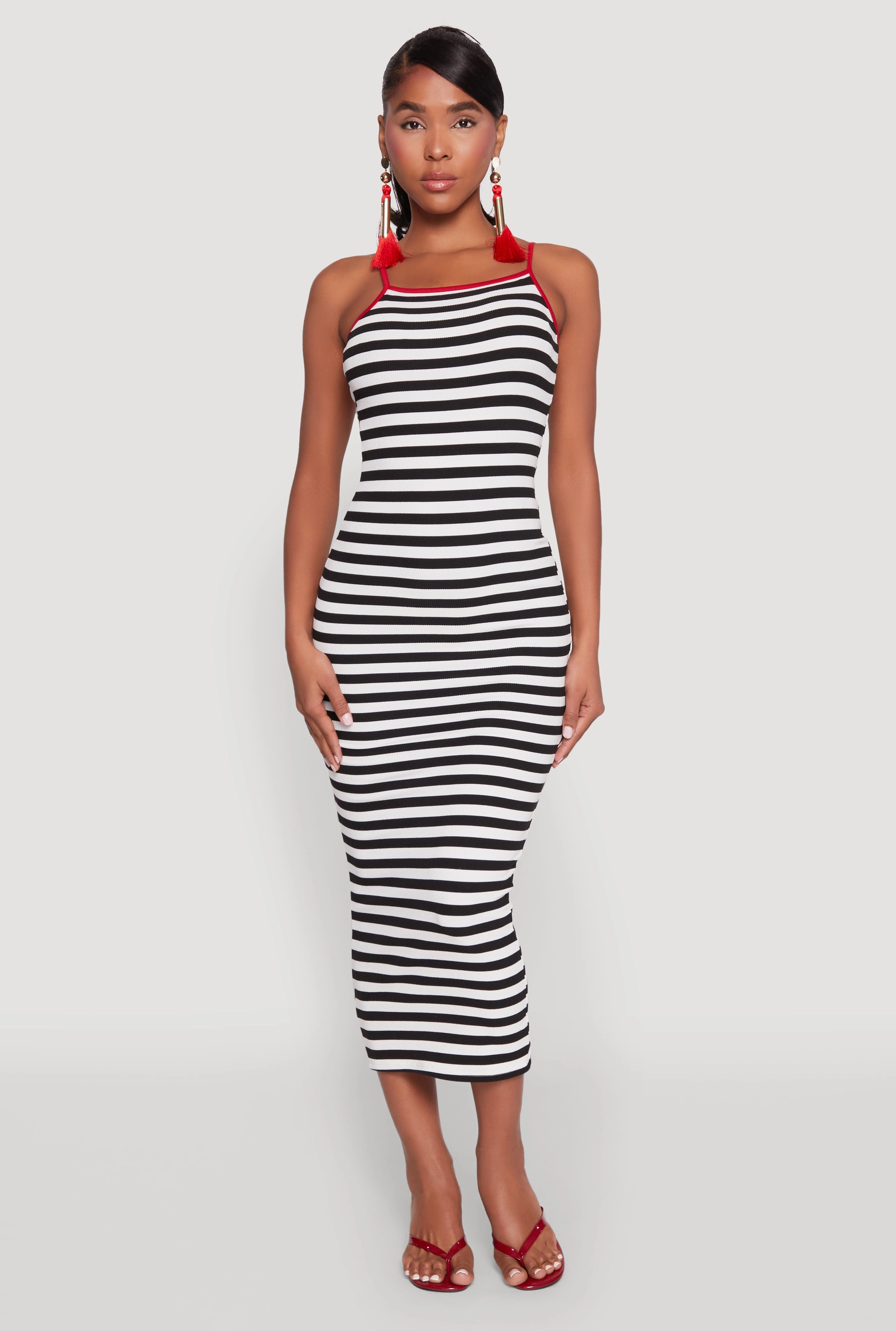 Street Ready Belted-Style Contrast Trim Striped Maxi Dress