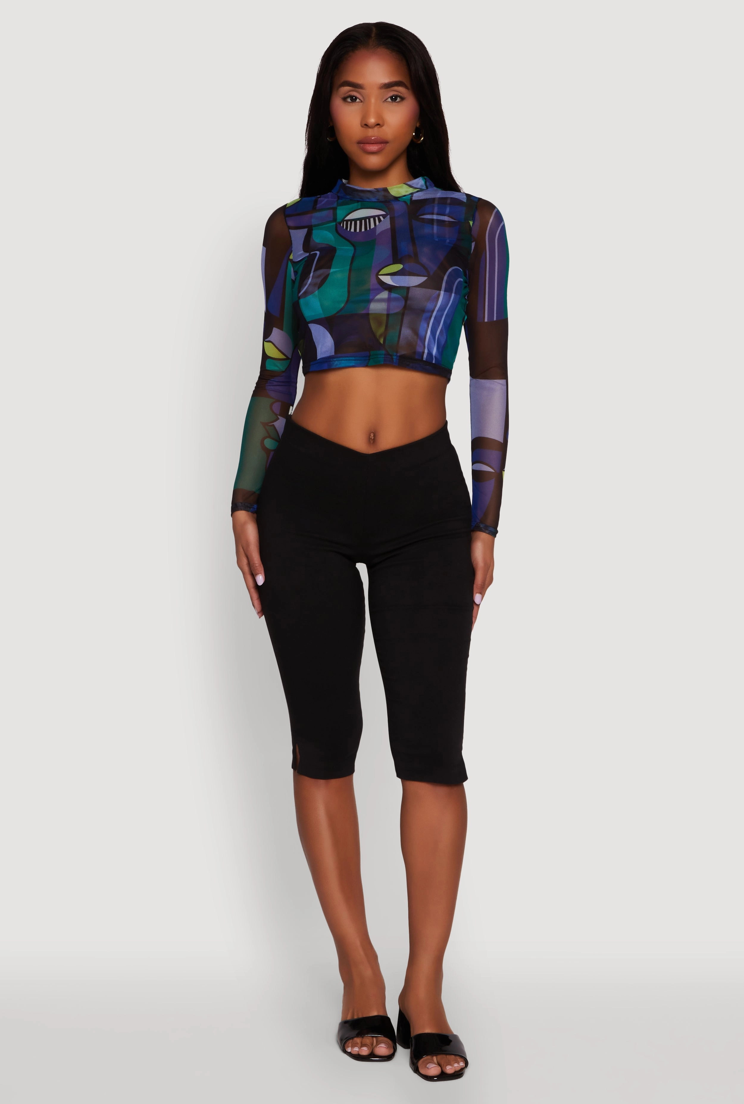 Dark Trendy Mesh Sheer Long Sleeve Crop Top with Printed Pattern