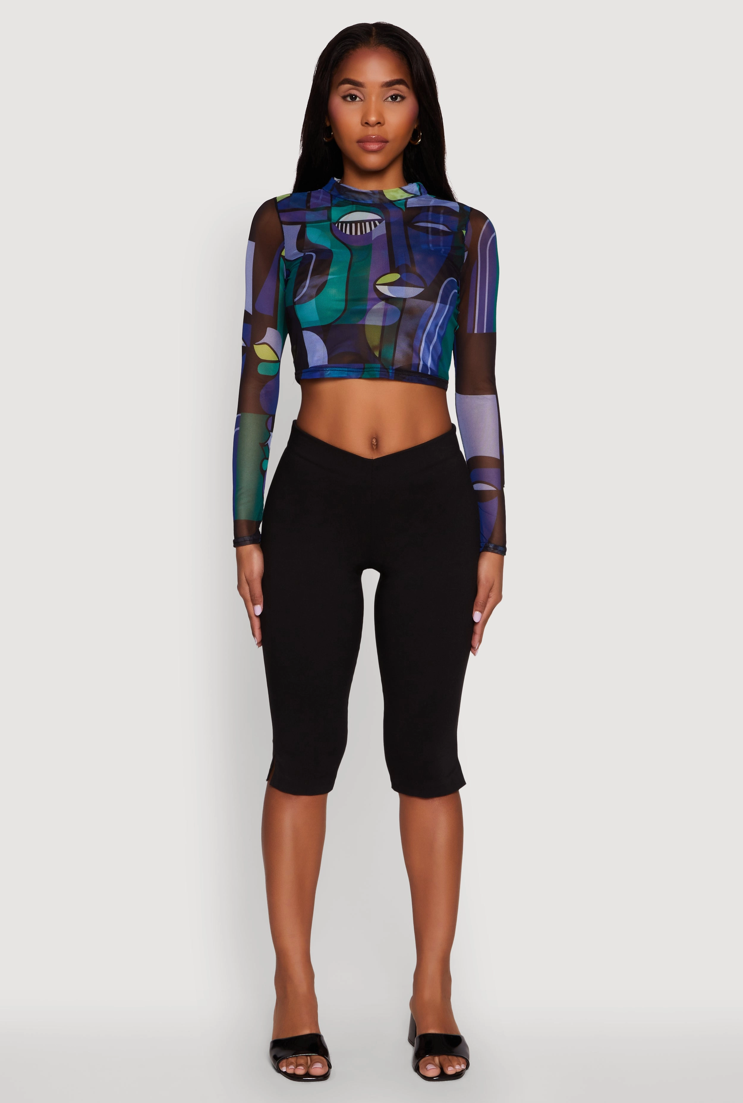 Trendy Mesh Sheer Long Sleeve Crop Top with Printed Pattern Travel purpose