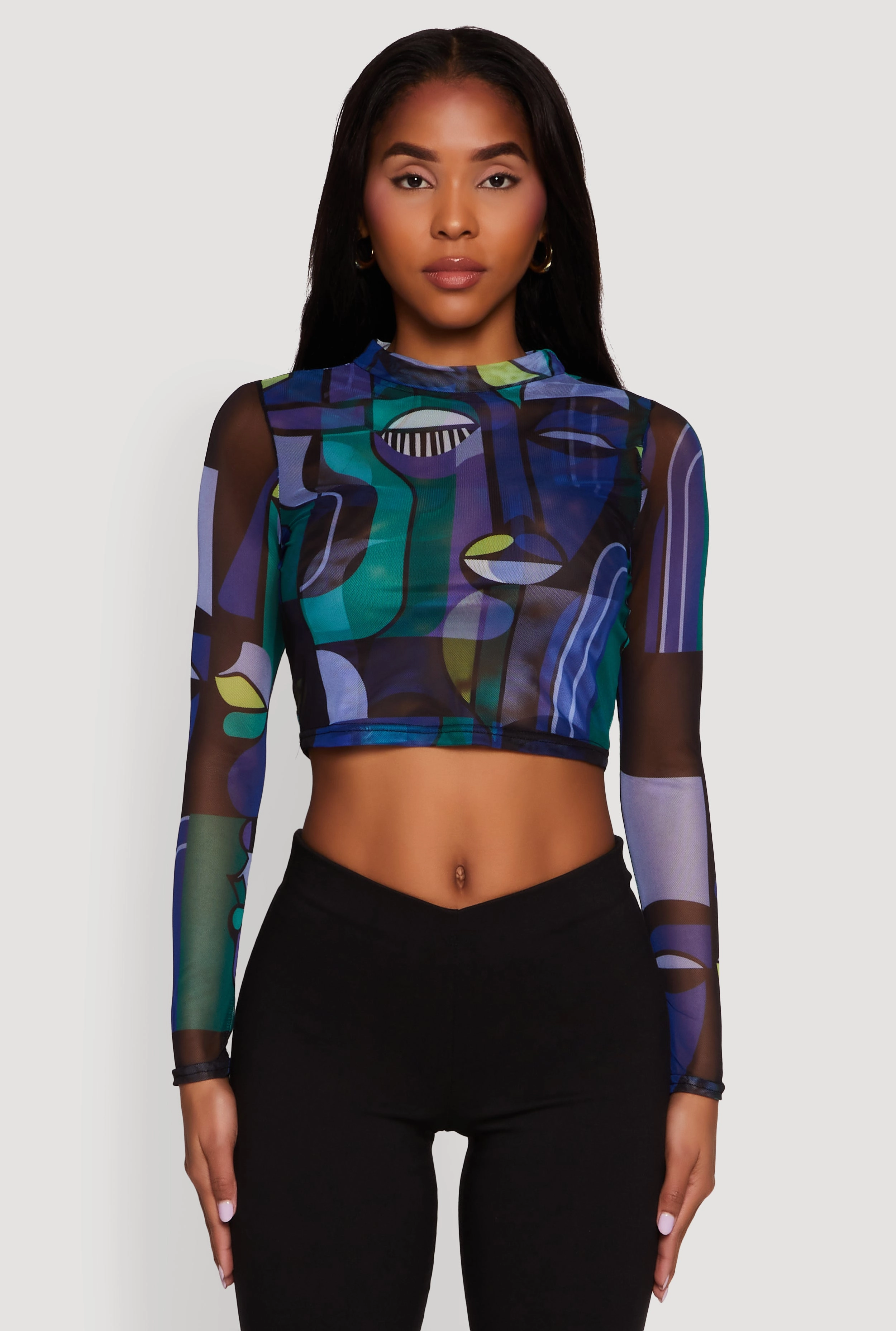 Island area Trendy Mesh Sheer Long Sleeve Crop Top with Printed Pattern