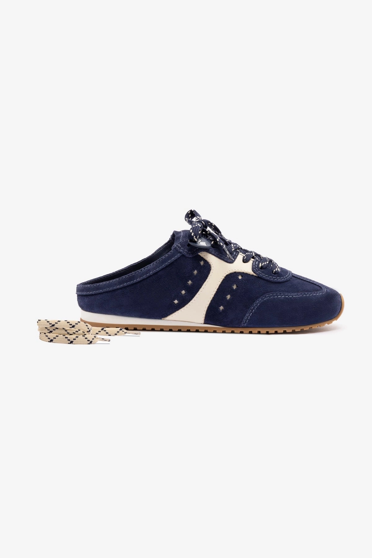 Quick Trip Ankle Hugging Collar Stella Mule In Navy Suede and Ivory Leather