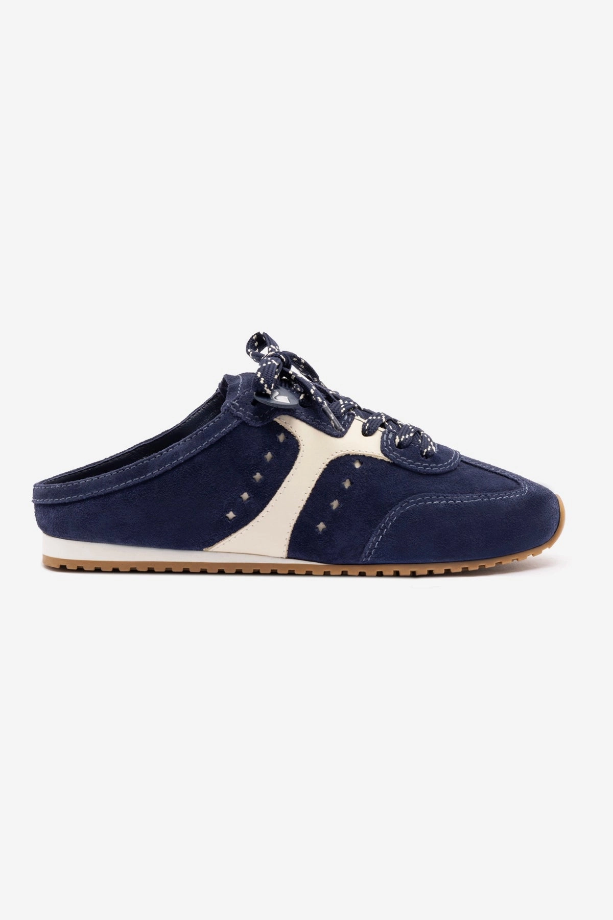 Stella Mule In Navy Suede and Ivory Leather Dynamic Lateral Support Lightweight Knit Fabric