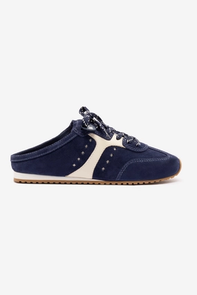 Stella Mule In Navy Suede and Ivory Leather Dynamic Lateral Support Lightweight Knit Fabric