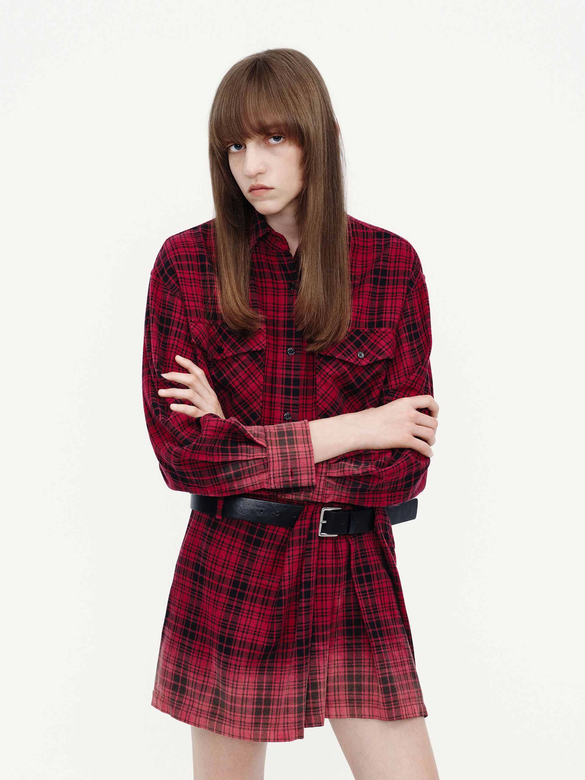 Cotton Plaid Shirt Dress Garden-Party BreathableLining