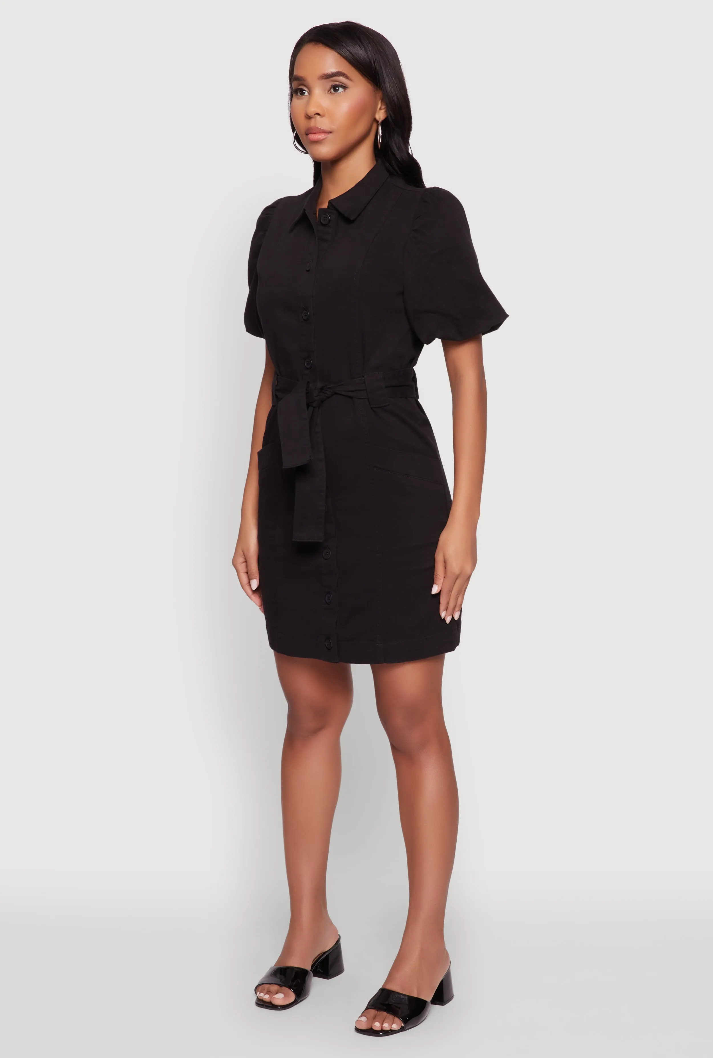 Chic Rhythm Chic Twill Puff Sleeve Shirt Dress with Tie Waist Belt