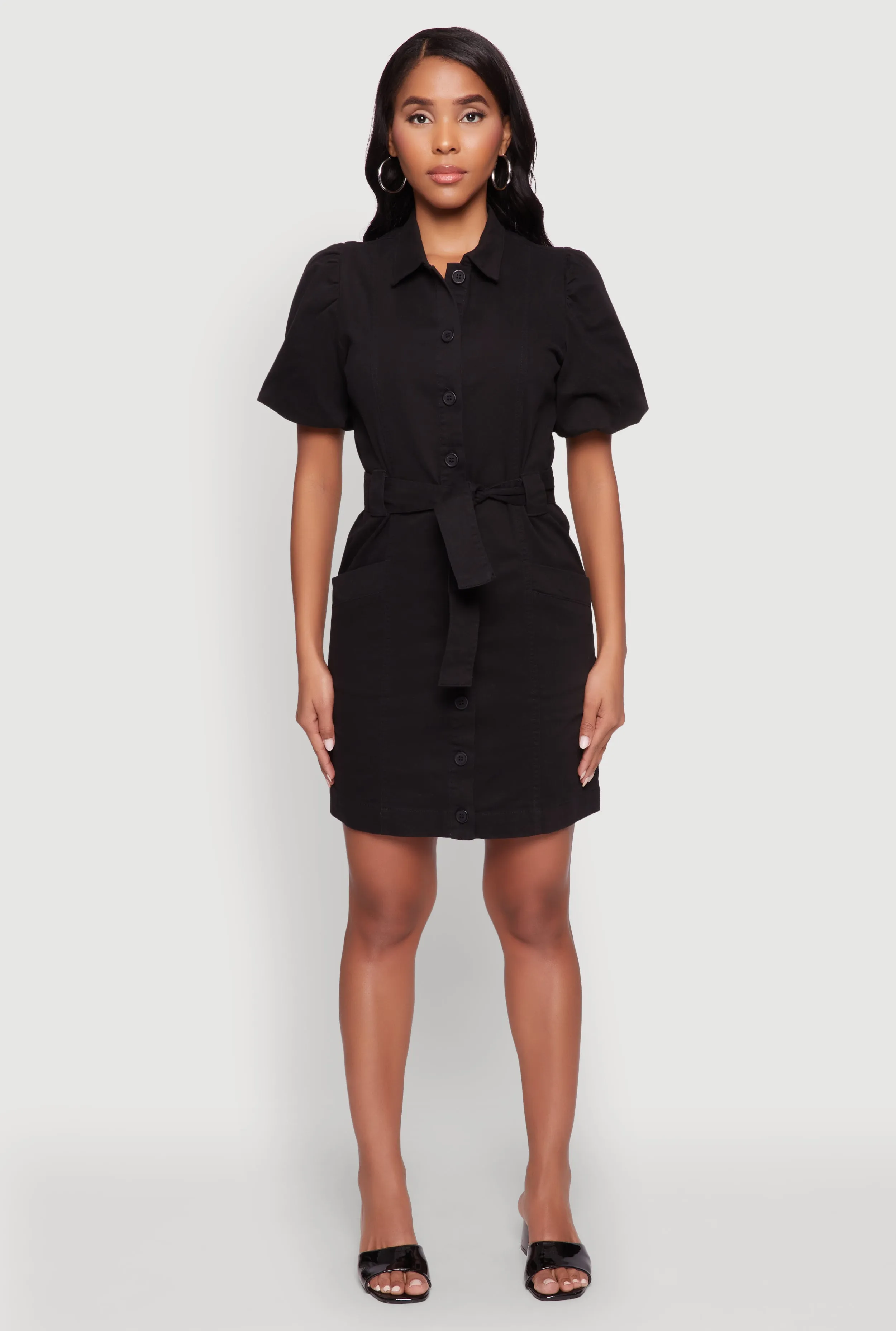 Drape Wave Chic Twill Puff Sleeve Shirt Dress with Tie Waist Belt