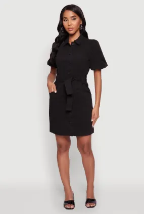 Drawstring-Closure Chic Twill Puff Sleeve Shirt Dress with Tie Waist Belt