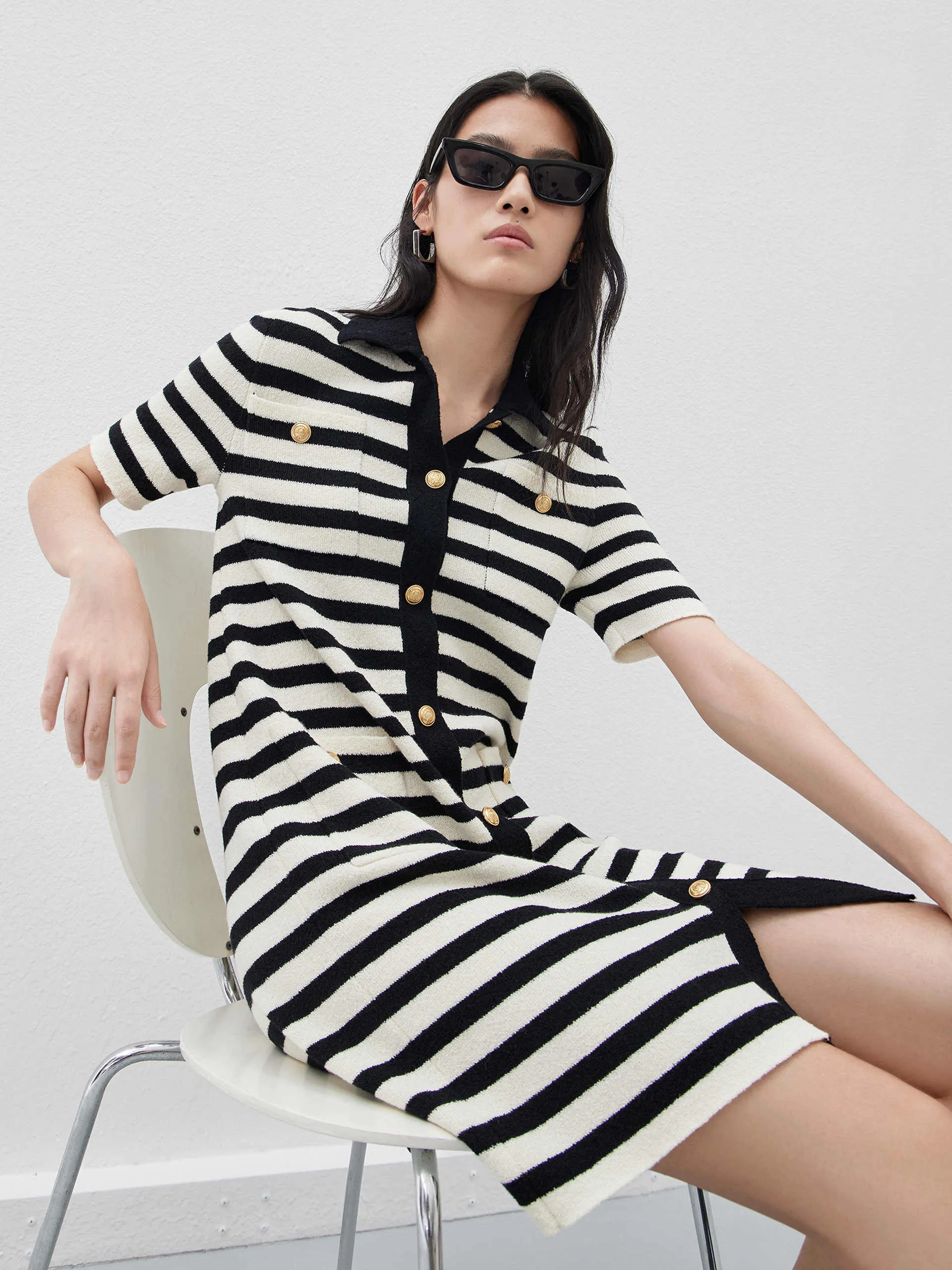 High Neck Floral Pattern Wool Blend Striped Dress