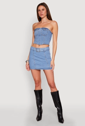 Minimal Look Zip Back Belted Front Denim Mini Skirt