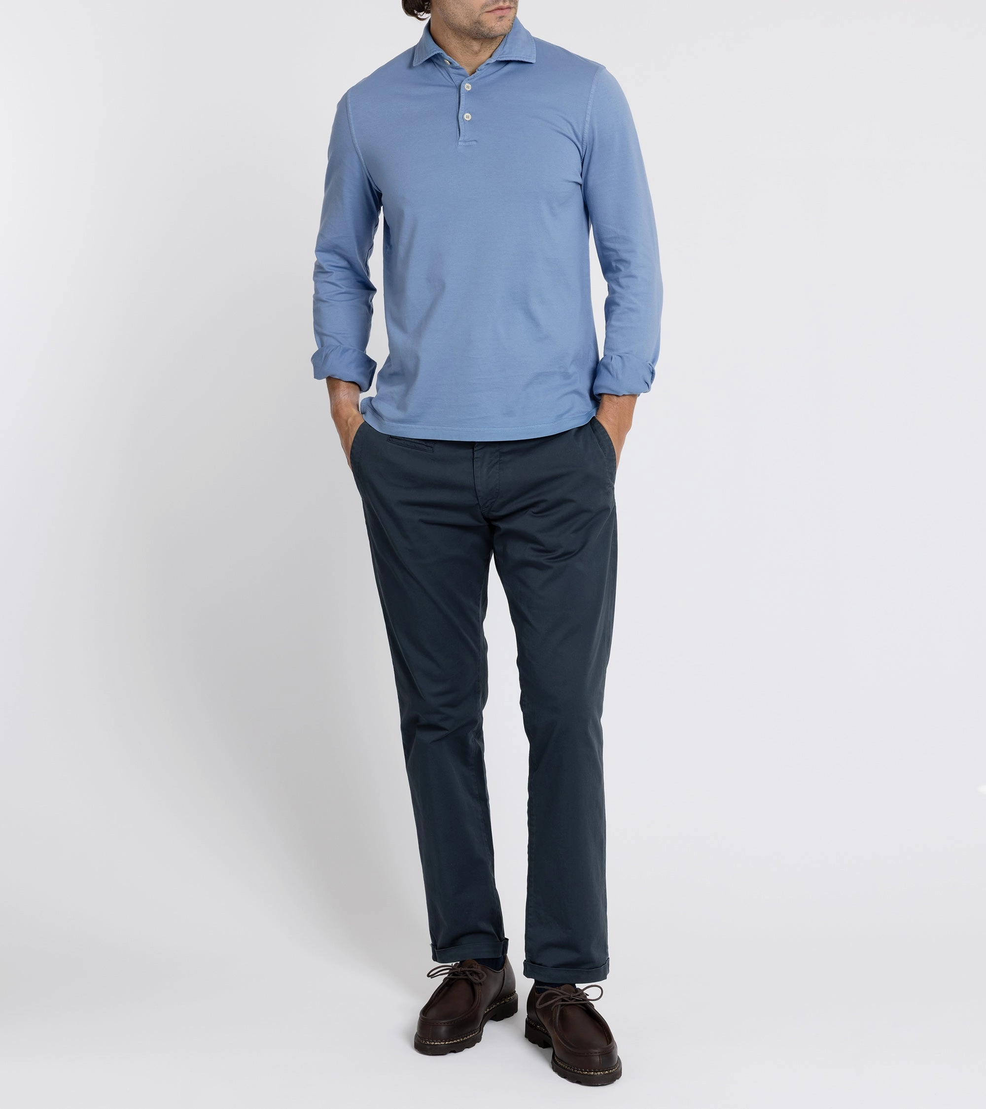 Stylish Layer SoftCheckered Weave Fedeli Zero Organic Cotton Jersey Long Sleeve Polo Shirt: Steel Blue