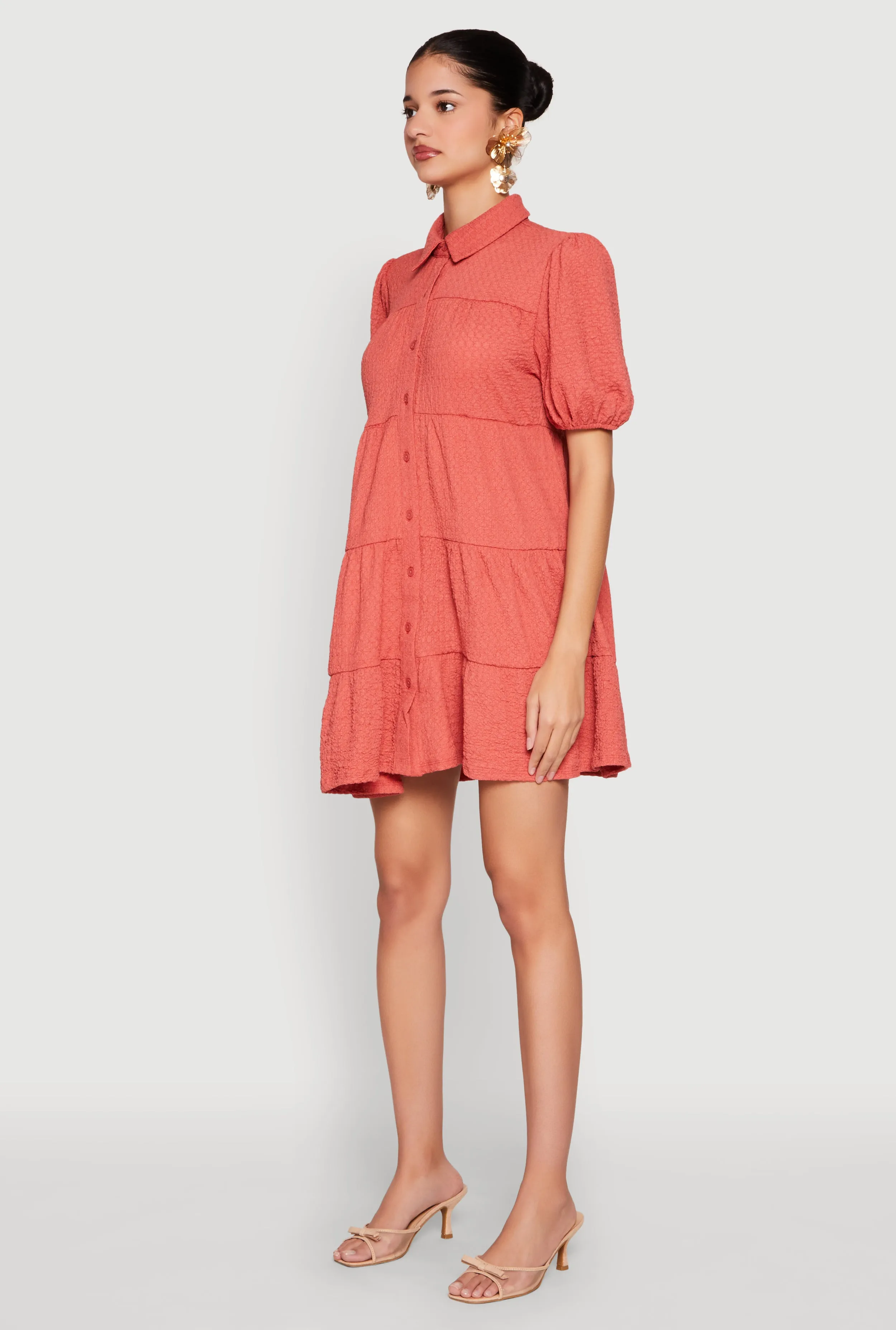 Crepe Knit Button Front Tiered Dress Layered Fit Smart Wear