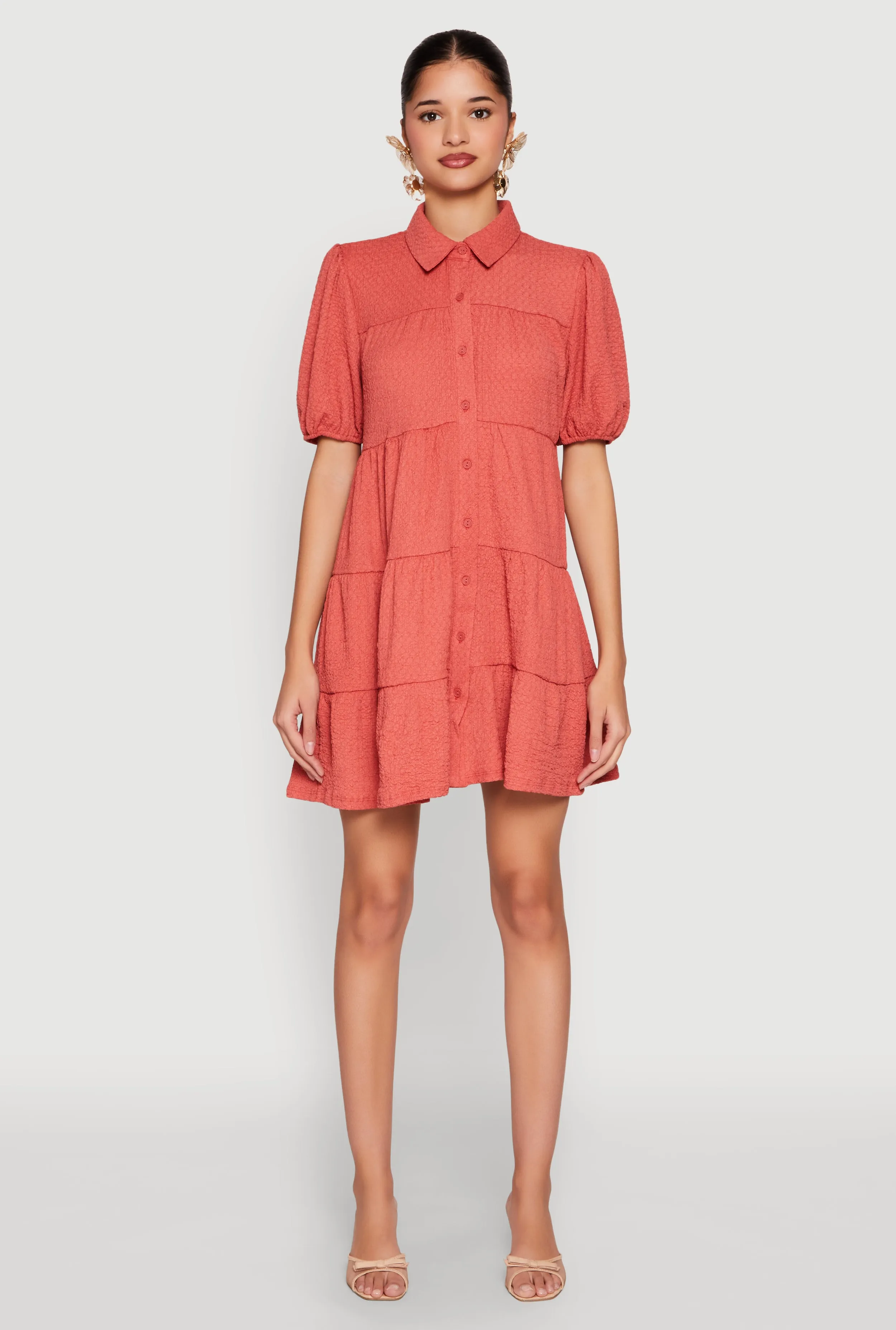 Grace Walk Versatile Design Crepe Knit Button Front Tiered Dress