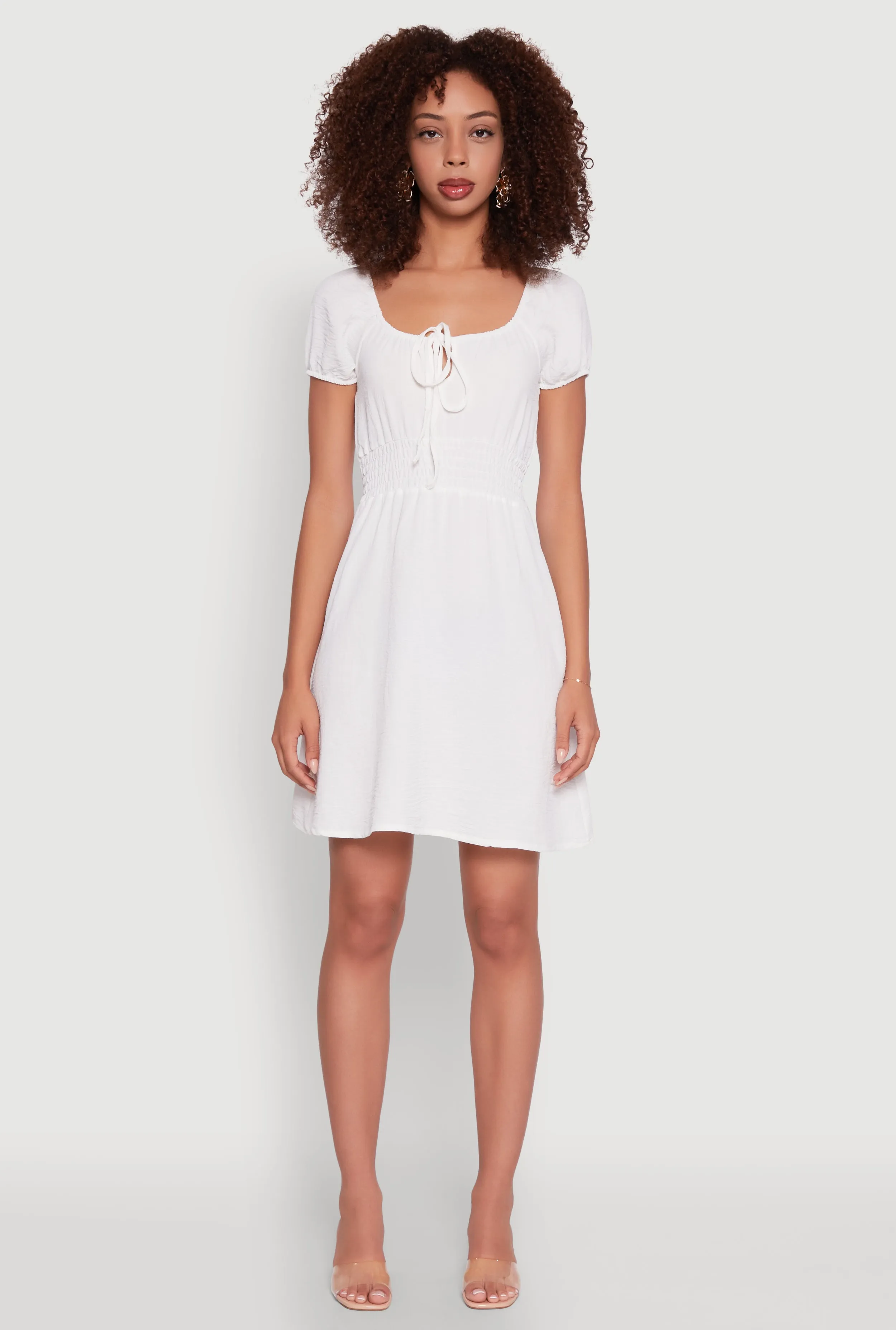 Capsule-Wardrobe Youthful Look Crepe Knit Puff Sleeve Peasant Dress