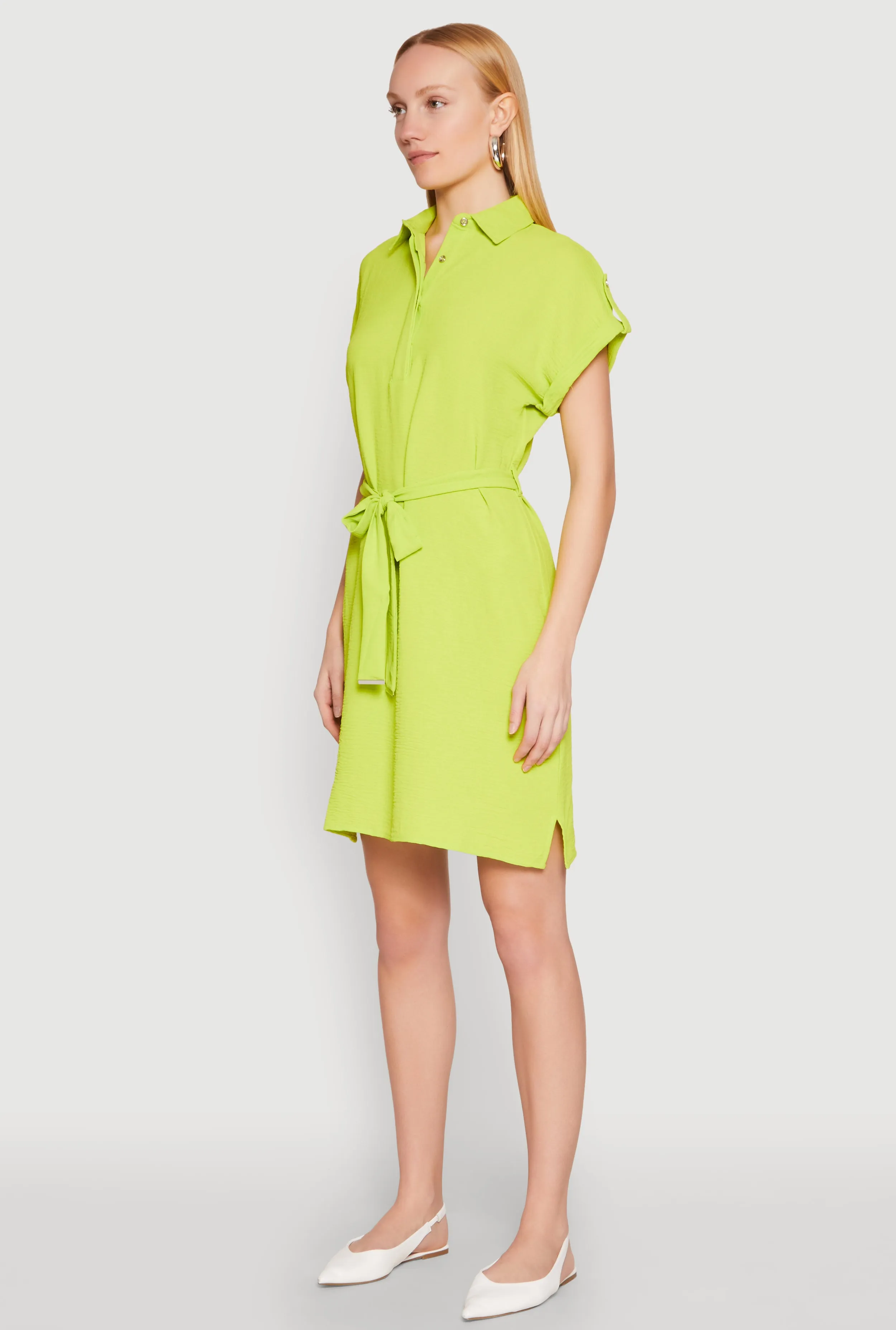Bright Appeal Crepe Knit Tie Waist Belted Shirt Dress