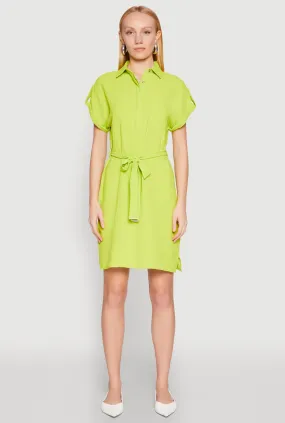 Crepe Knit Tie Waist Belted Shirt Dress Simple Mood