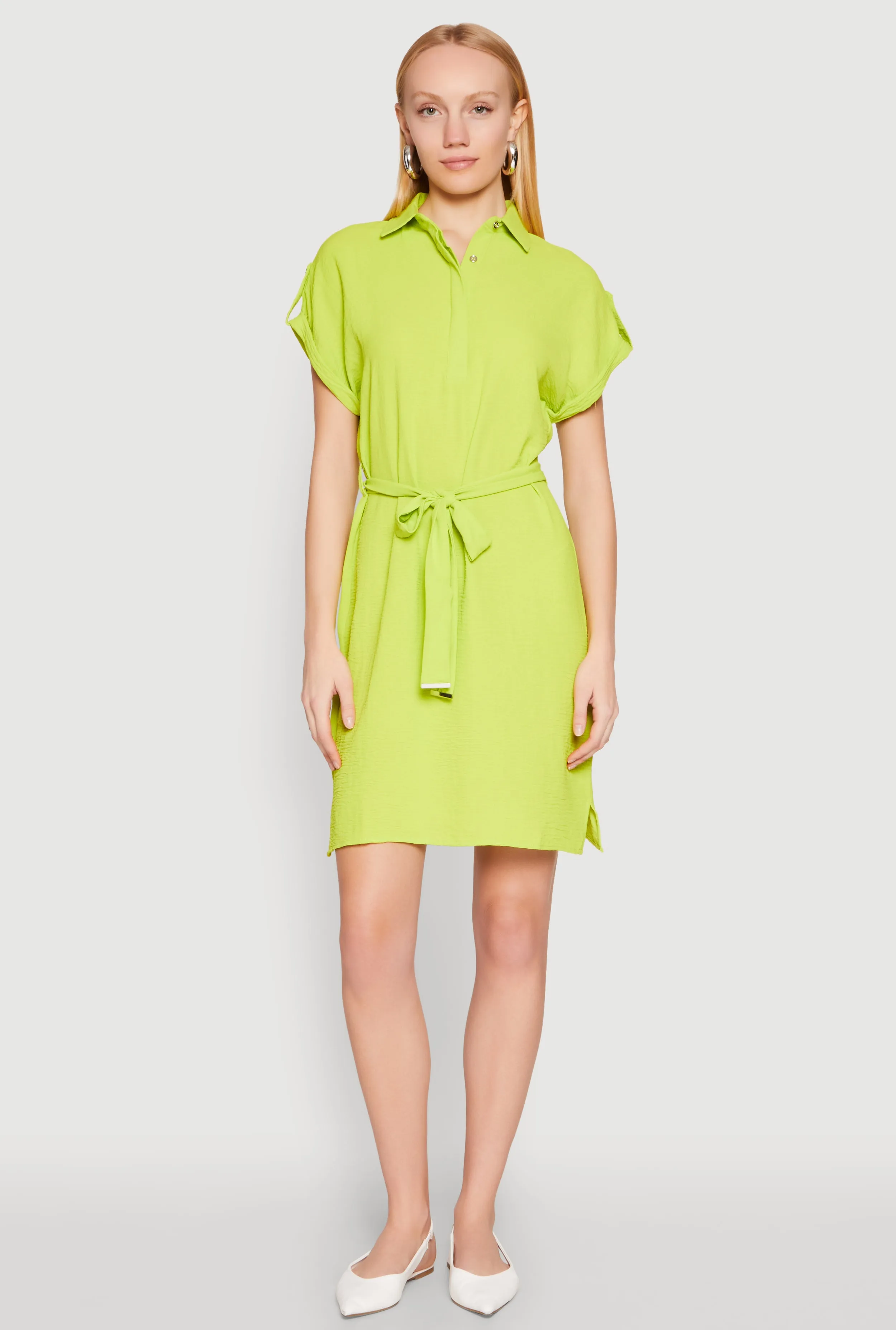 Crepe Knit Tie Waist Belted Shirt Dress Blue Sky Chic Vibe