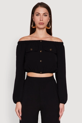 Water related spring fashion Crepe Knit Bubble Sleeve Off The Shoulder Crop Top