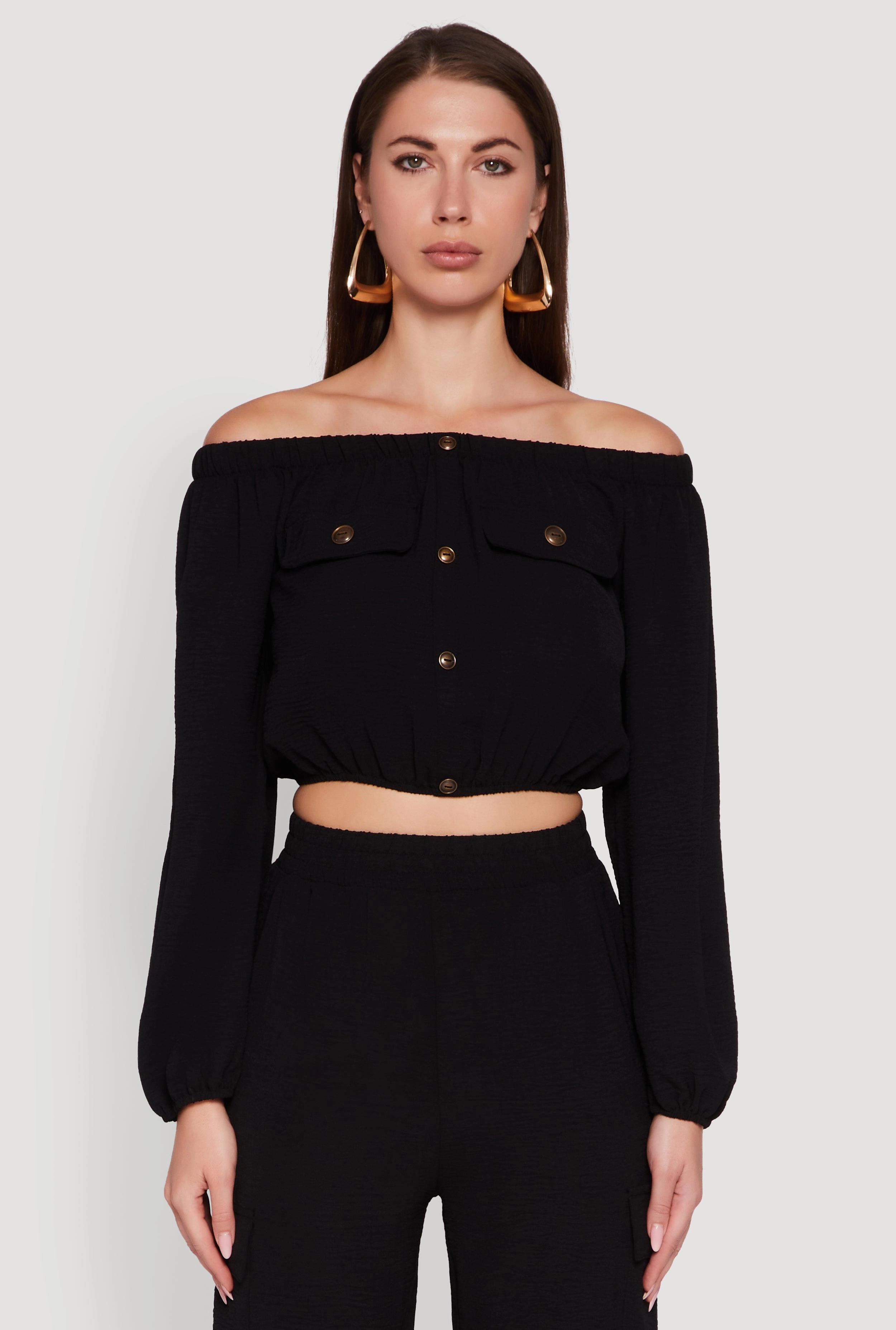 Water related spring fashion Crepe Knit Bubble Sleeve Off The Shoulder Crop Top