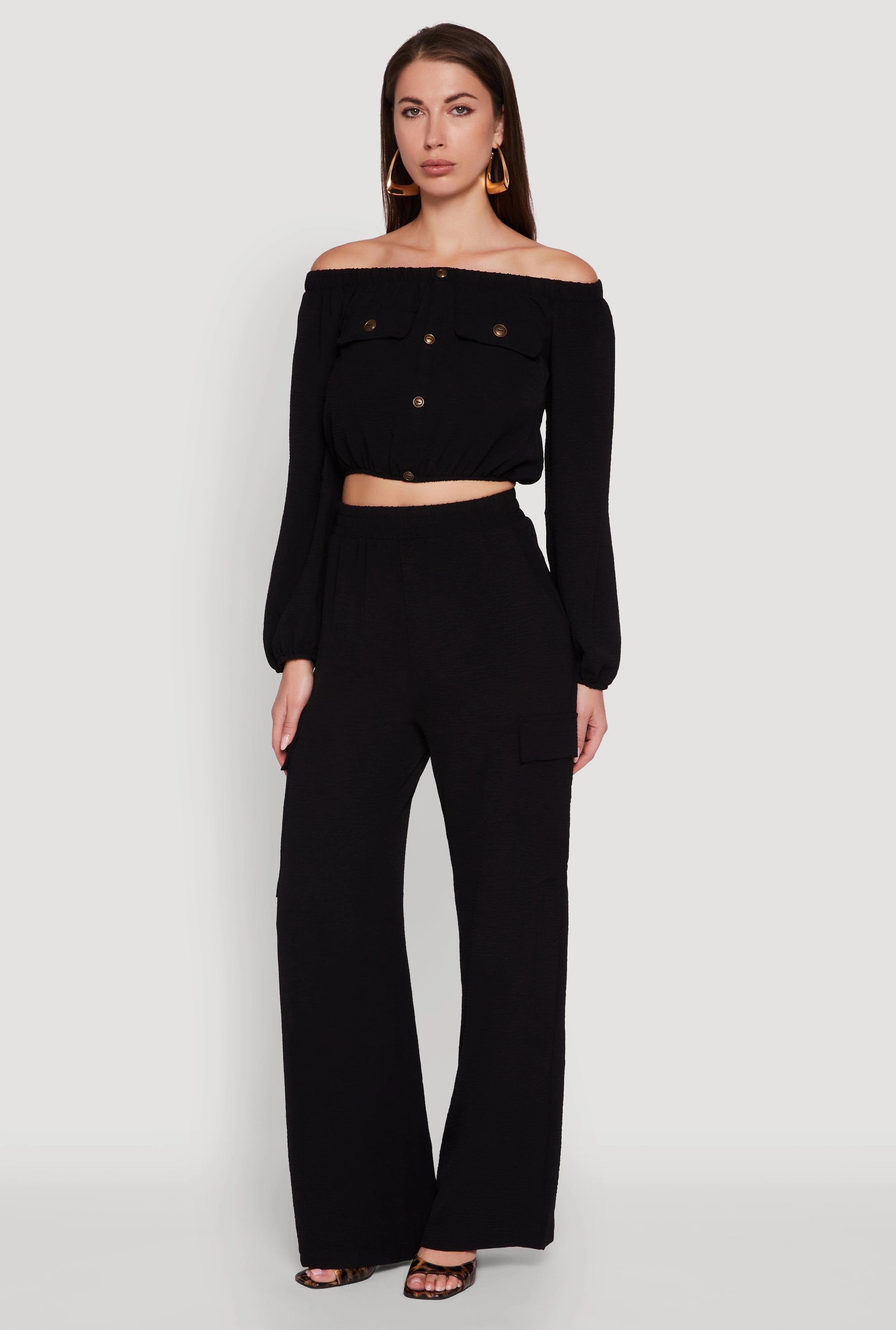 Earth related Crepe Knit Bubble Sleeve Off The Shoulder Crop Top