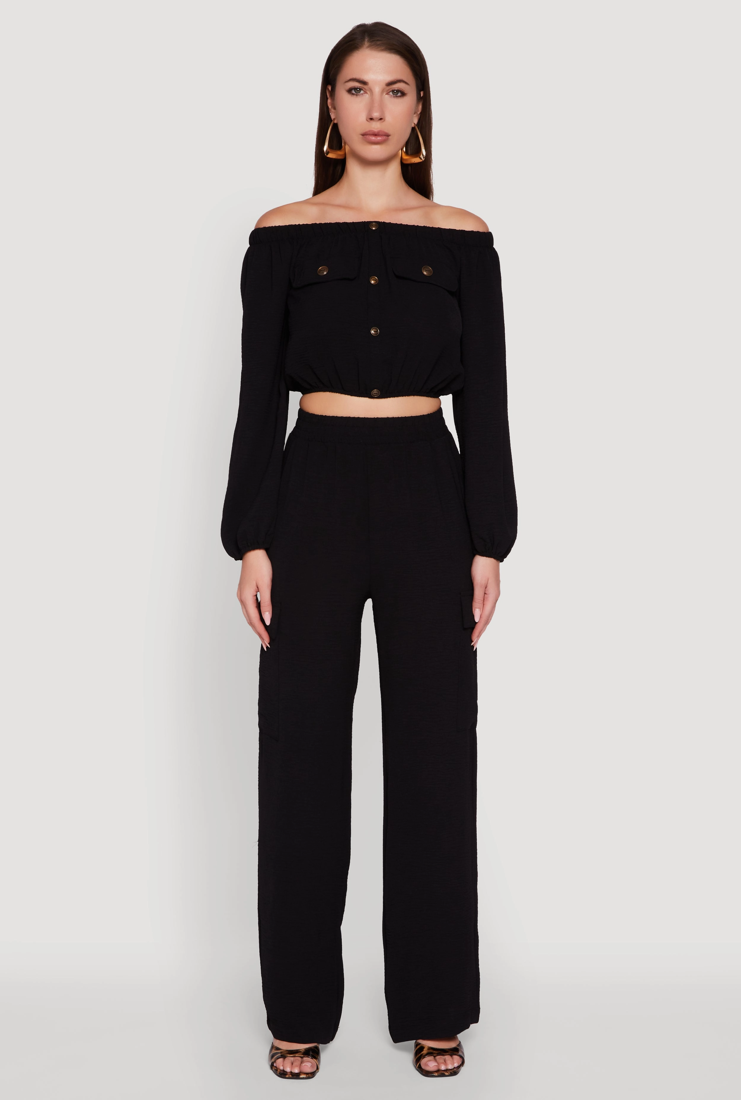 Crepe Knit Bubble Sleeve Off The Shoulder Crop Top Wallpaper