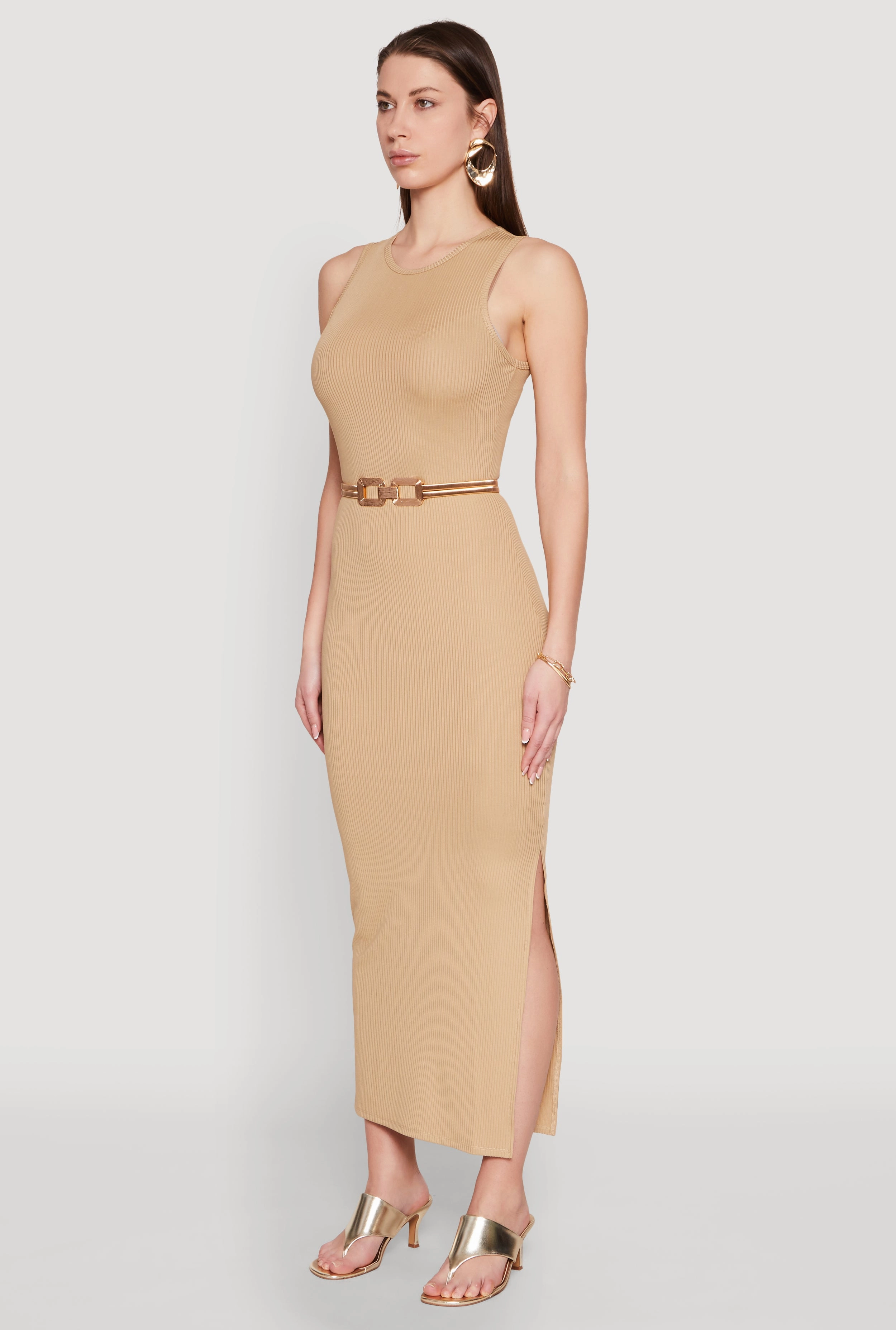 Crew Neck Rib Knit Side Slit Maxi Dress Natural Drape Cool Finish