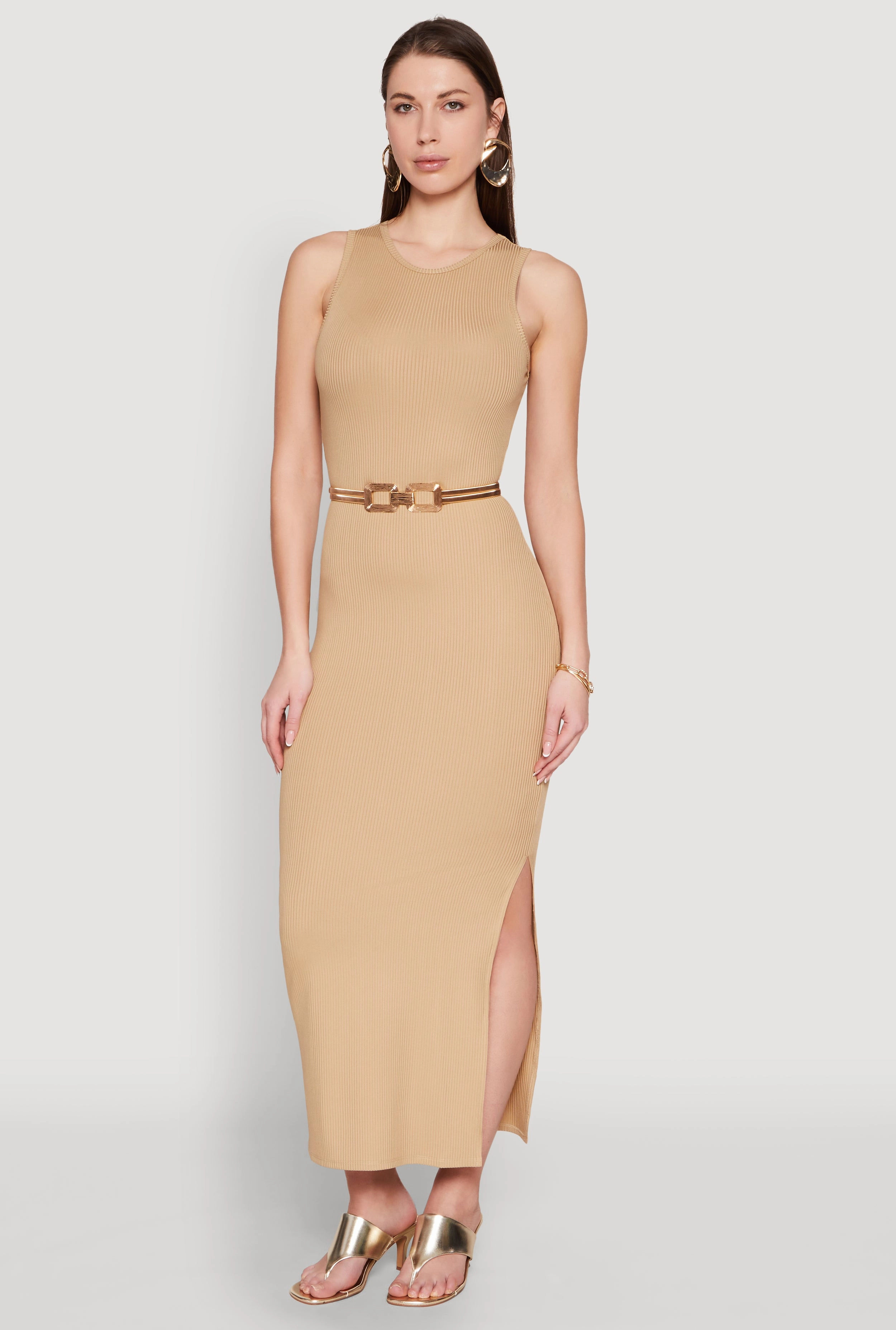 Crew Neck Rib Knit Side Slit Maxi Dress Body Confidence Artistic Flair