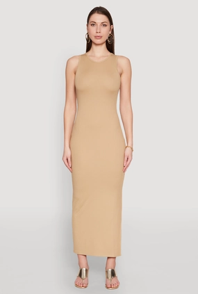Timeless fitted silhouette Crew Neck Rib Knit Side Slit Maxi Dress